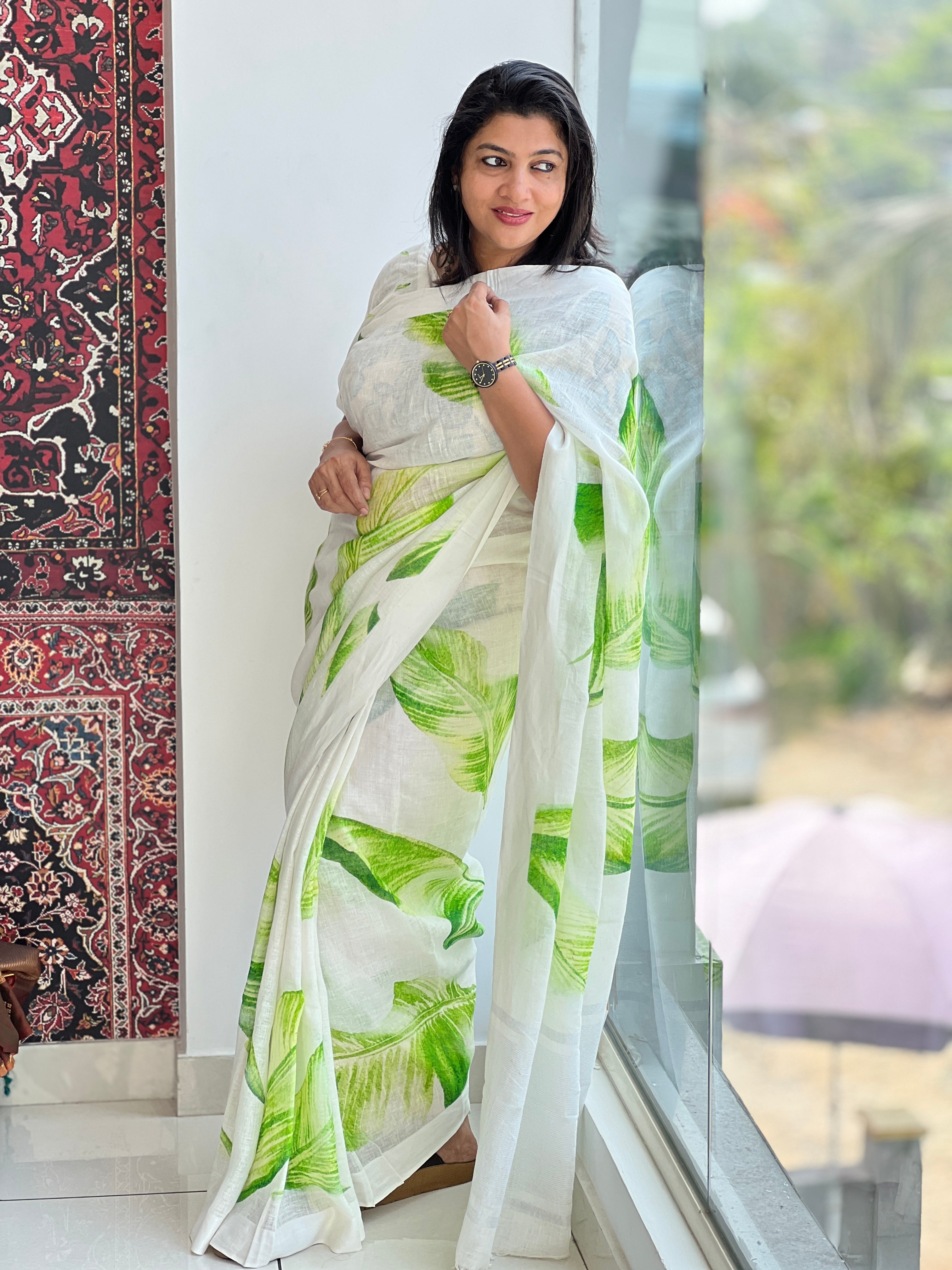 Leaf Digital Printed Pure Linen Saree | MR445