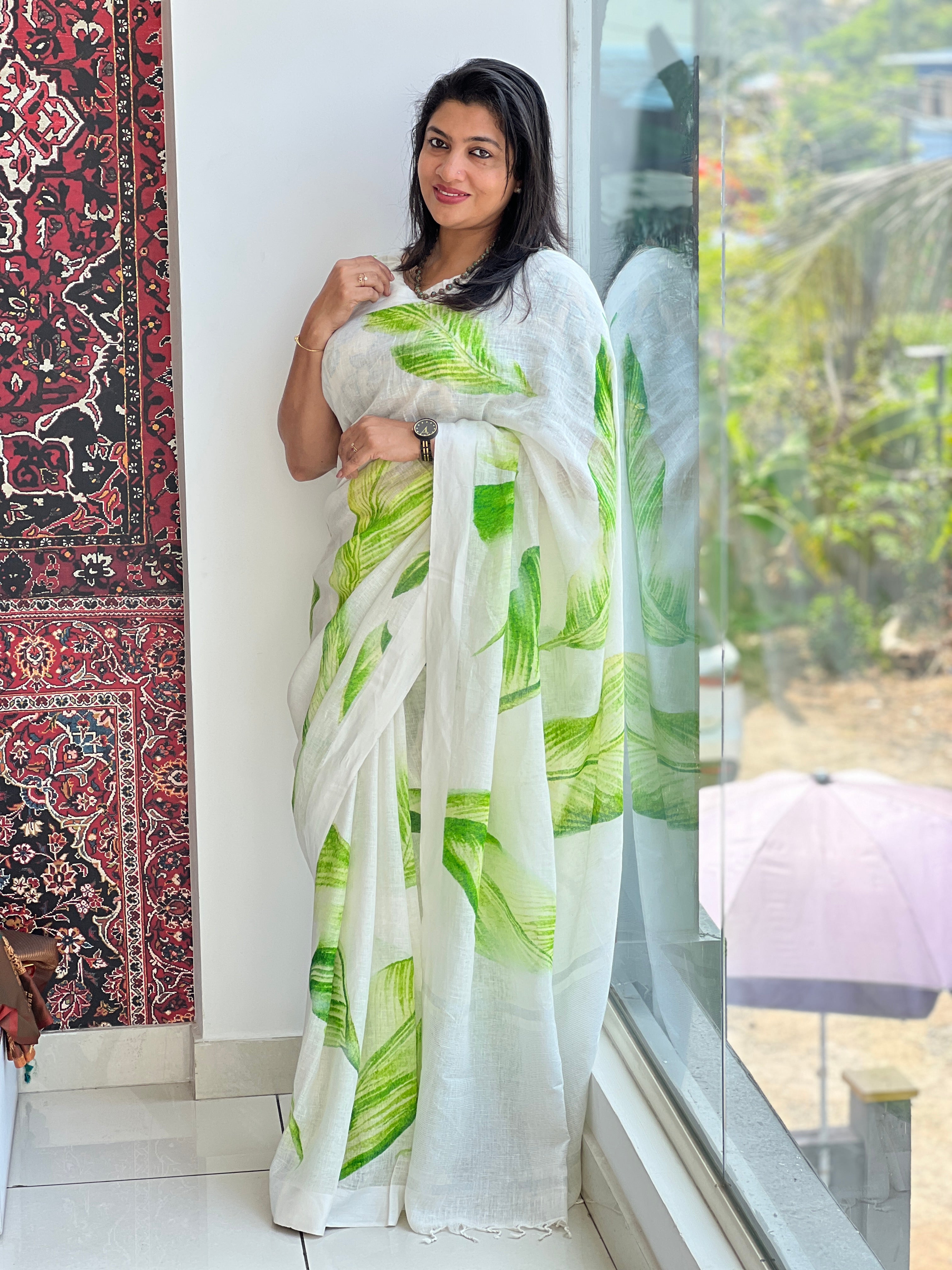 Leaf Digital Printed Pure Linen Saree | MR445