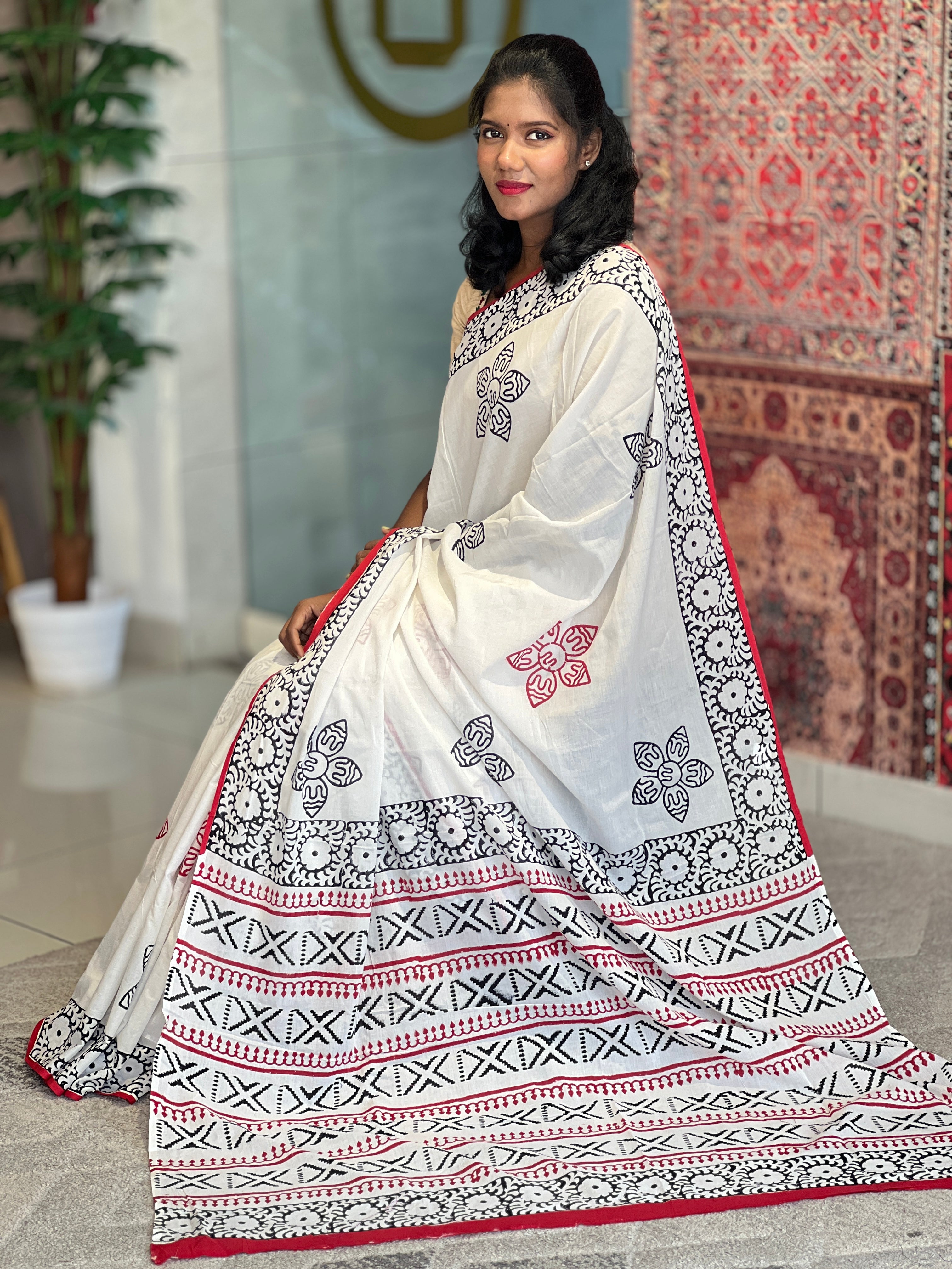 Hand Block Printed MulCotton Saree | AYD111