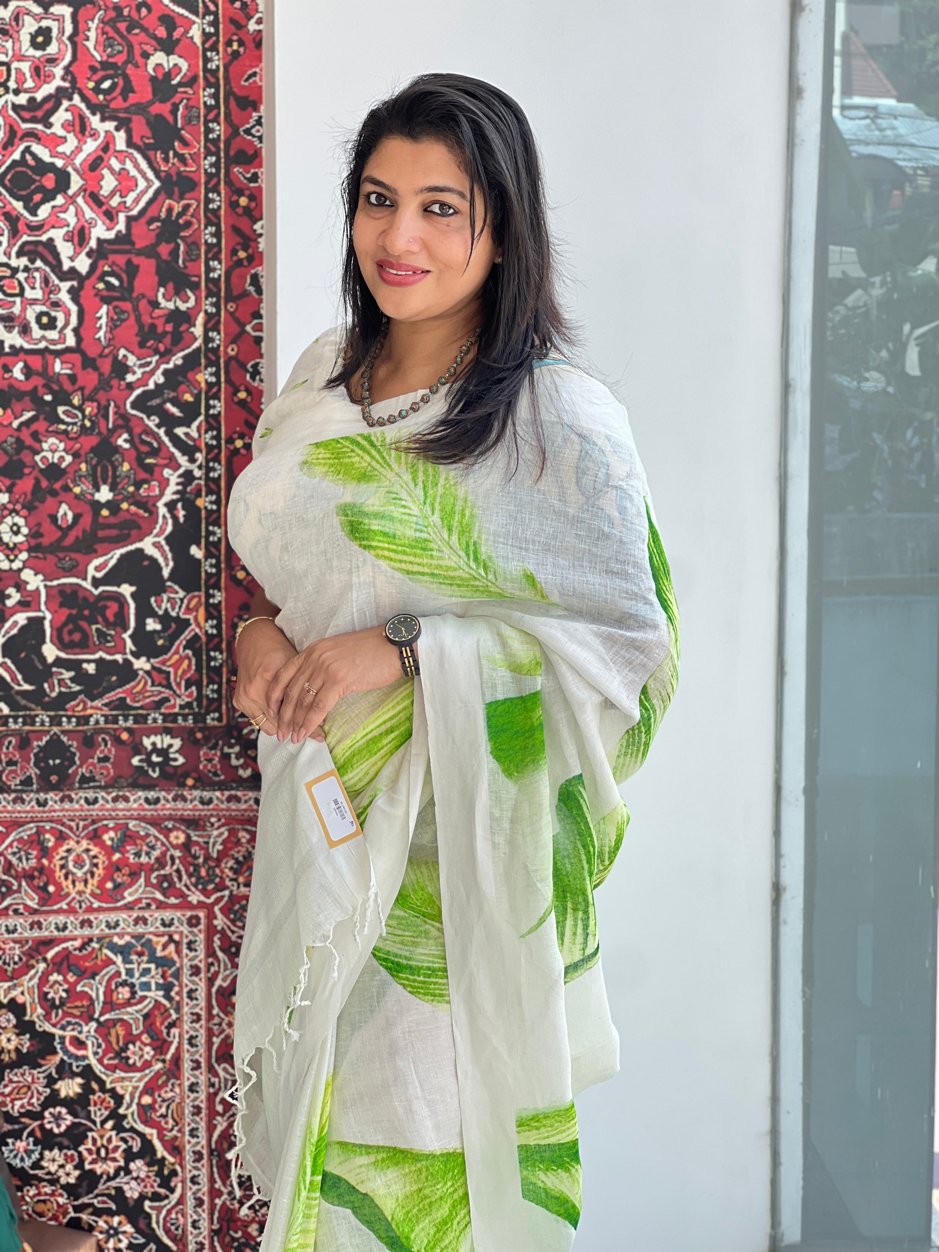 Leaf Digital Printed Pure Linen Saree | MR445