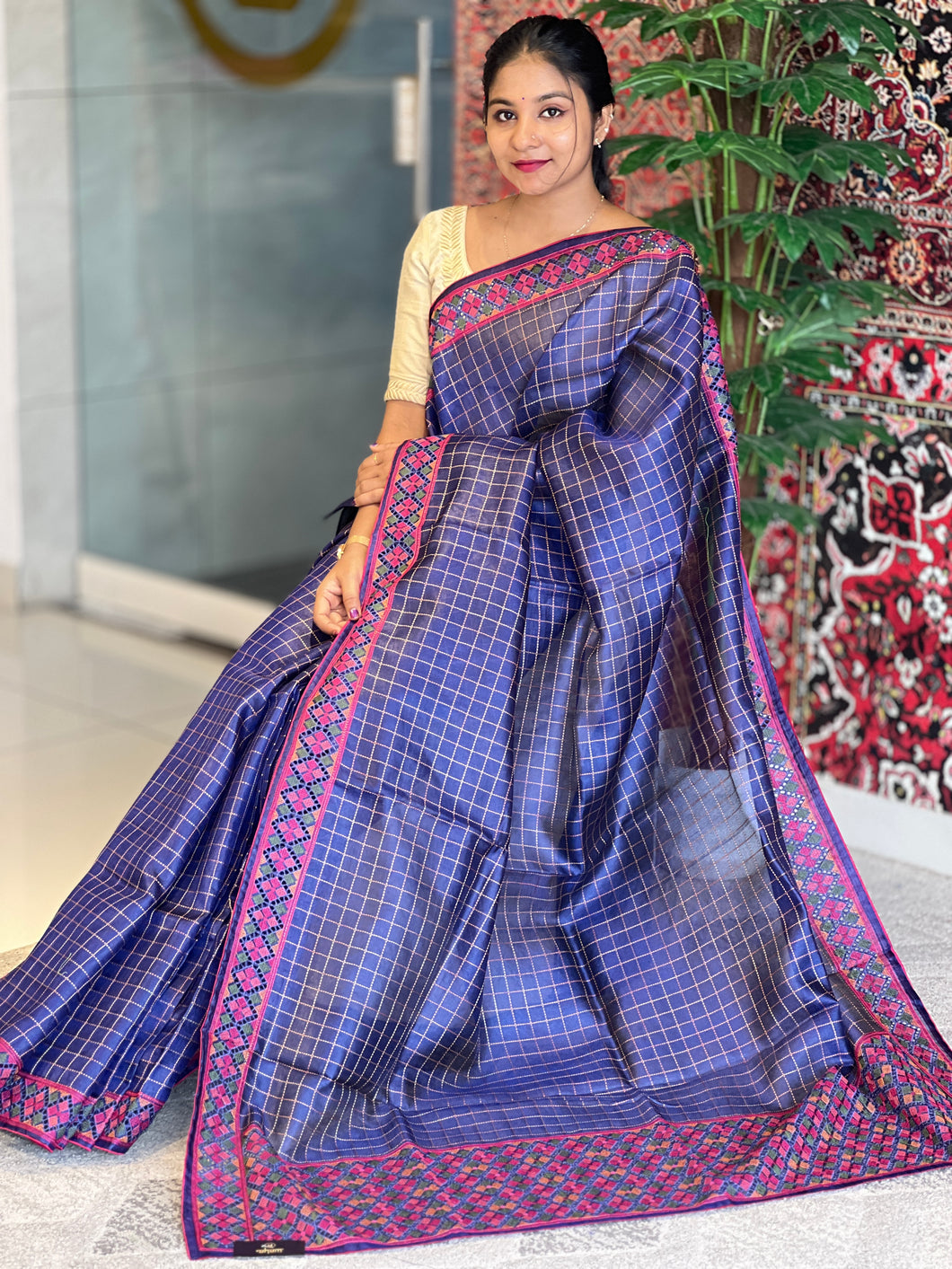 Check Weaving Machine Embroidery Detailed Pure Tussar Saree | RGD715