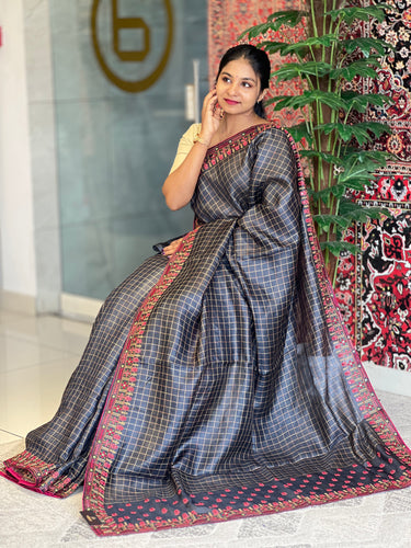 Check Weaving Machine Embroidery Detailed Pure Tussar Saree | RGD719