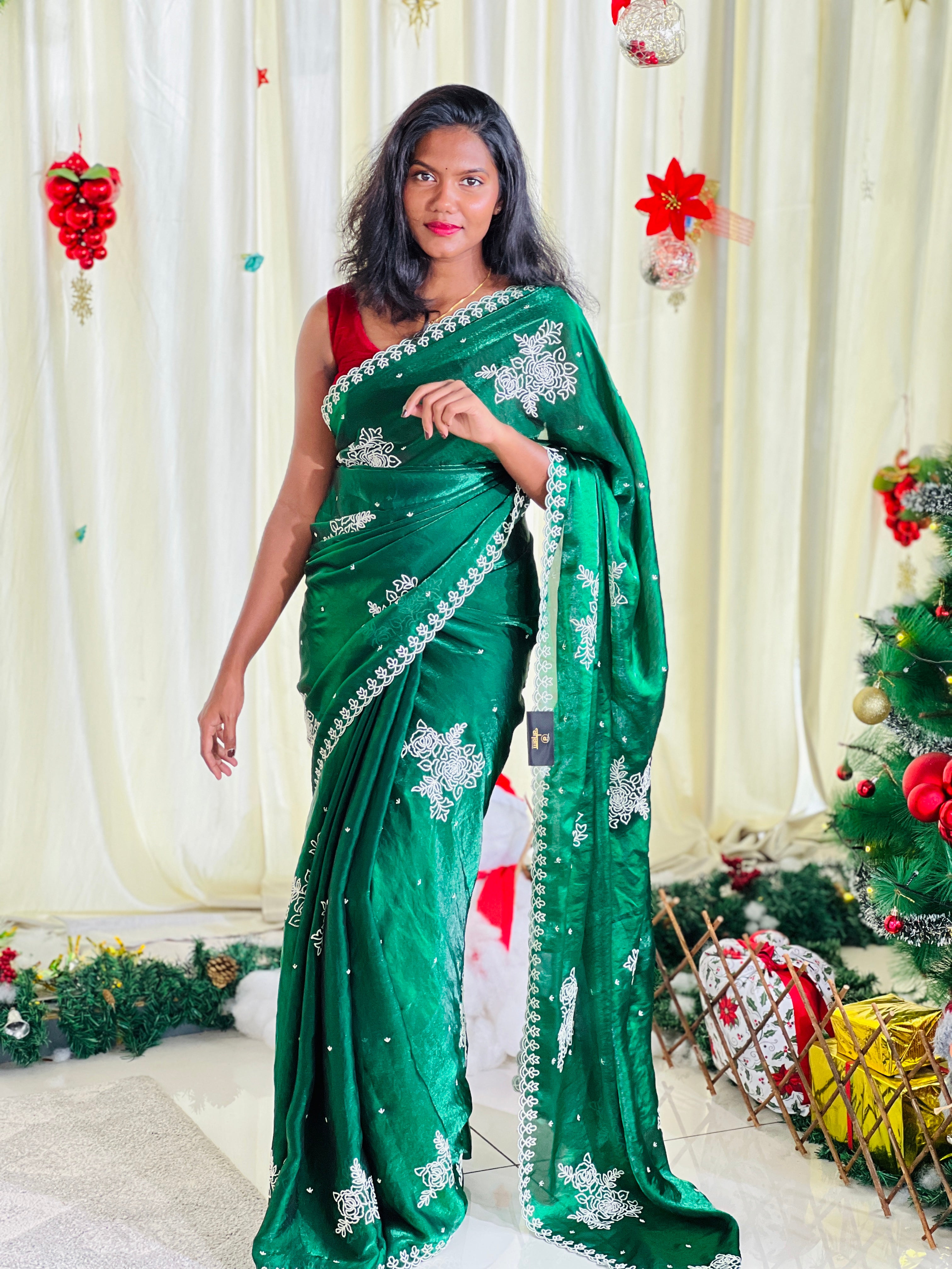 Floral Point Embroidery Velvet Organza Saree | BLD1118