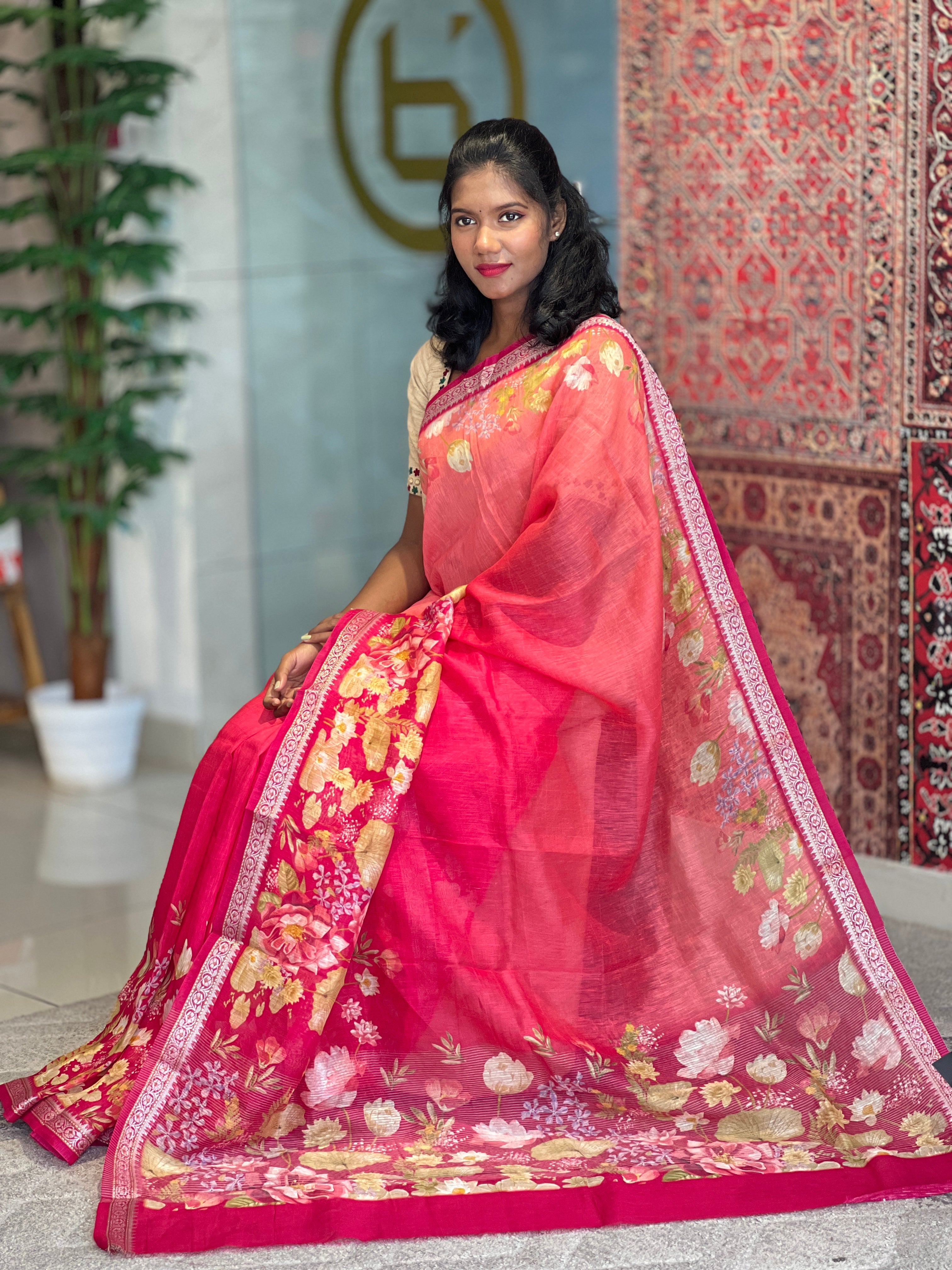Floral Digital Printed Silk Linen Saree | SBS1239