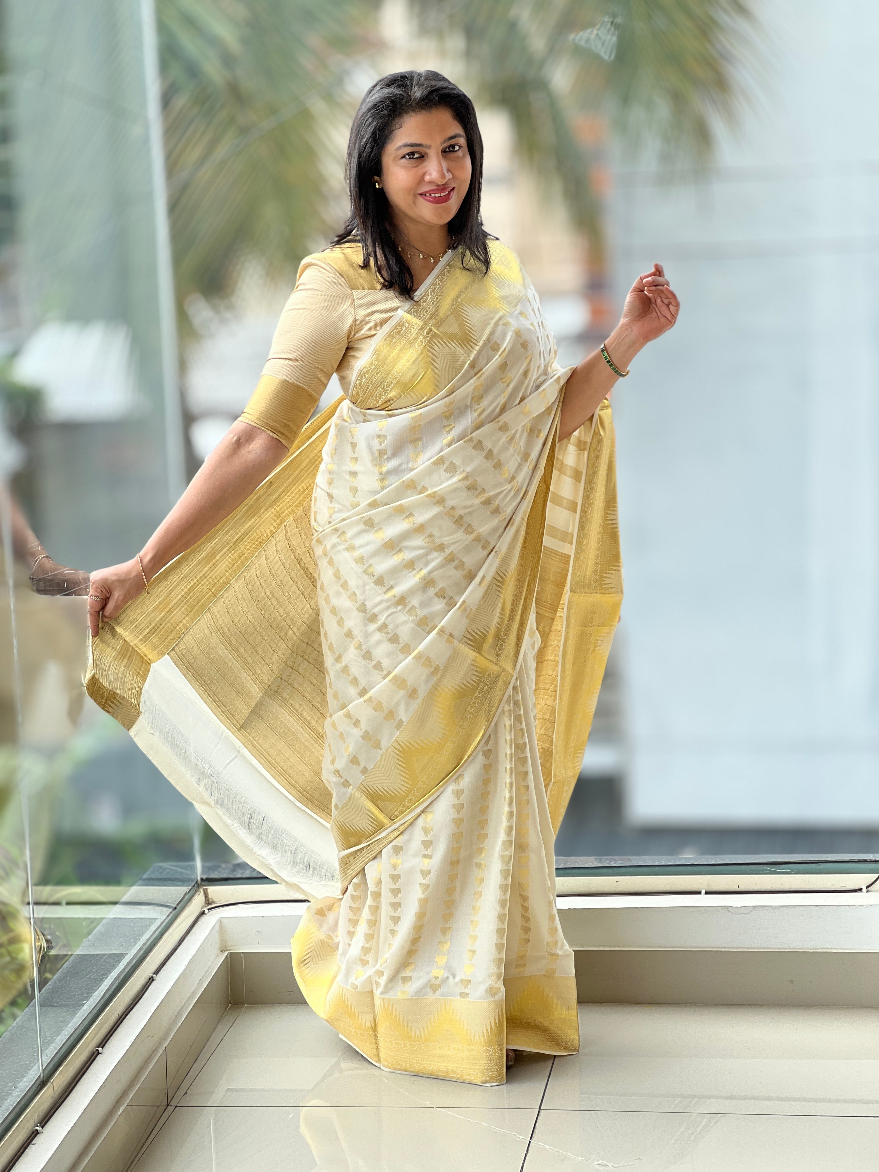 Temple Border Pattern Semi Silk Kerala Saree | RLF194