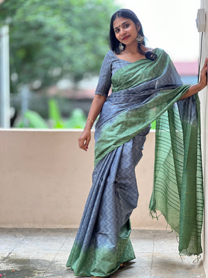 Kantha Weaving Pattern Zig Zag Design Bhagalpuri Linen Saree | NHH189