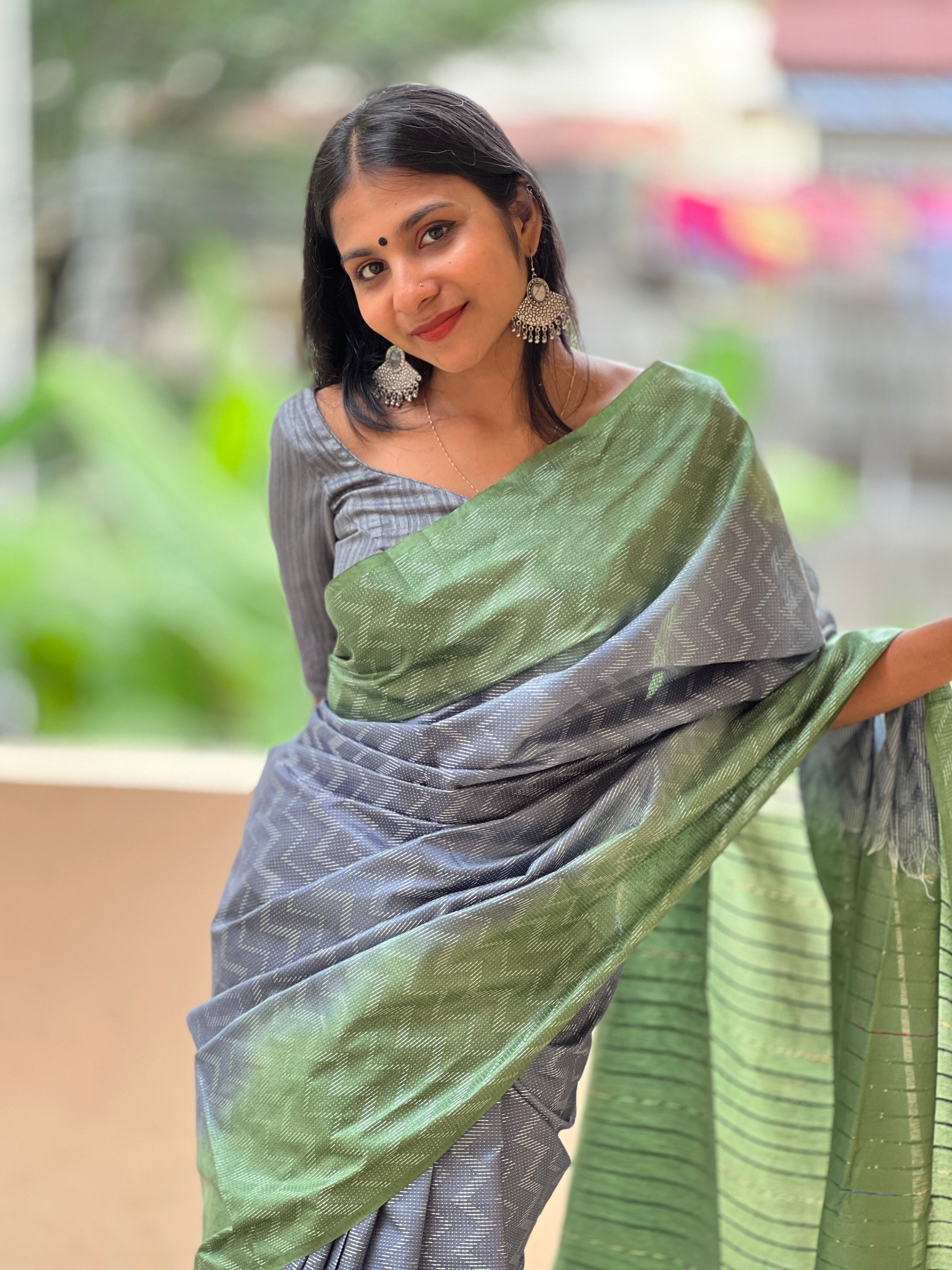 Kantha Weaving Pattern Zig Zag Design Bhagalpuri Linen Saree | NHH189