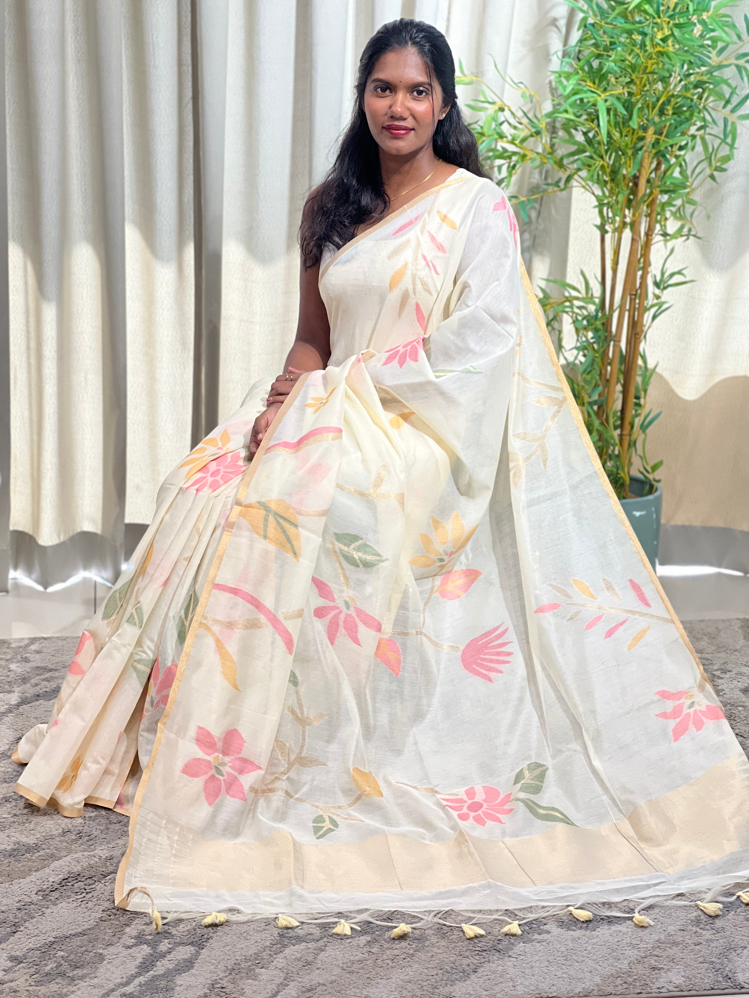 Floral Jaal Pattern Powerloom Chanderi Saree | SSN554