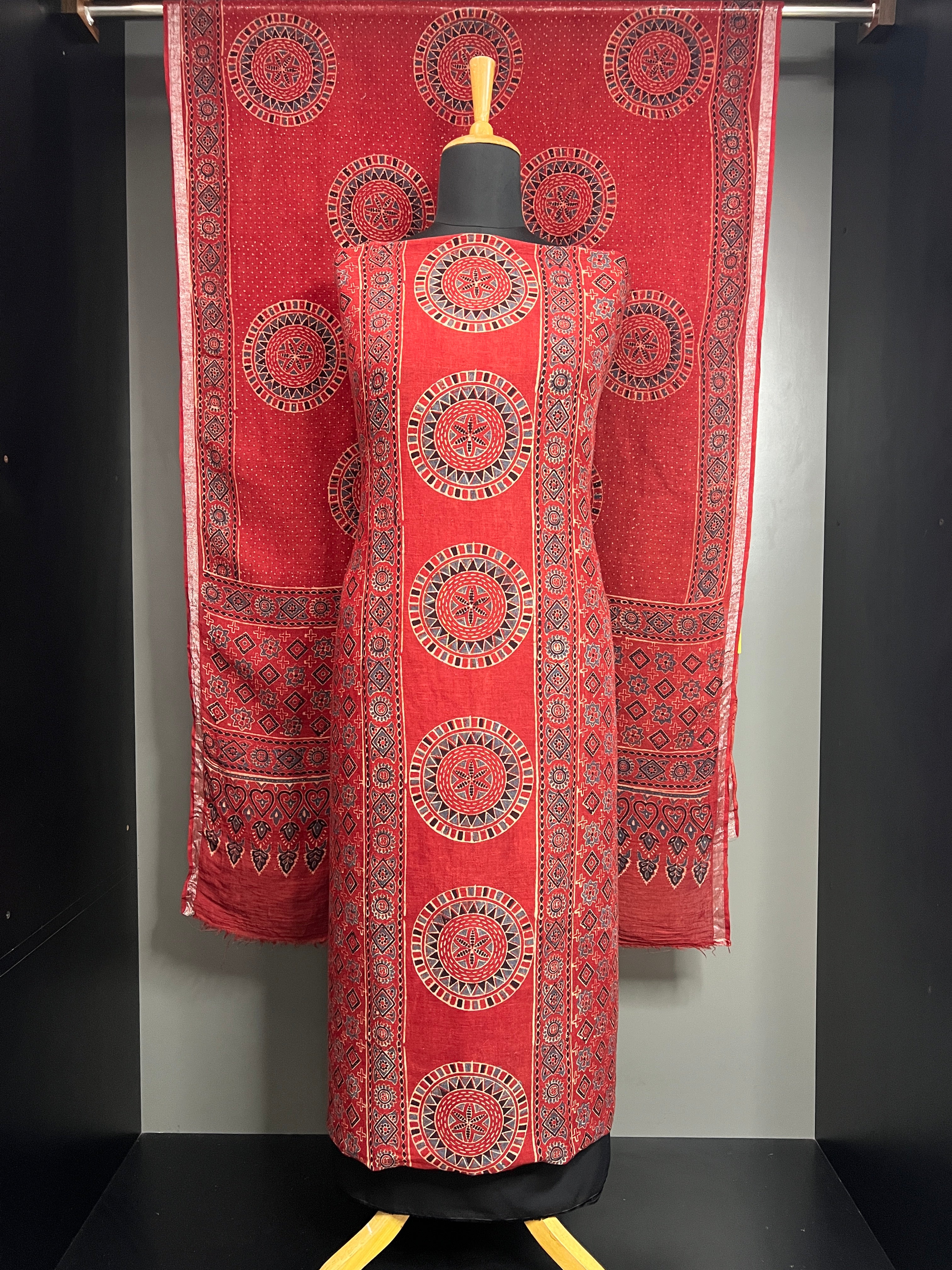 Traditional Ajrakh Inspired Printed Linen Salwar Set | HE304