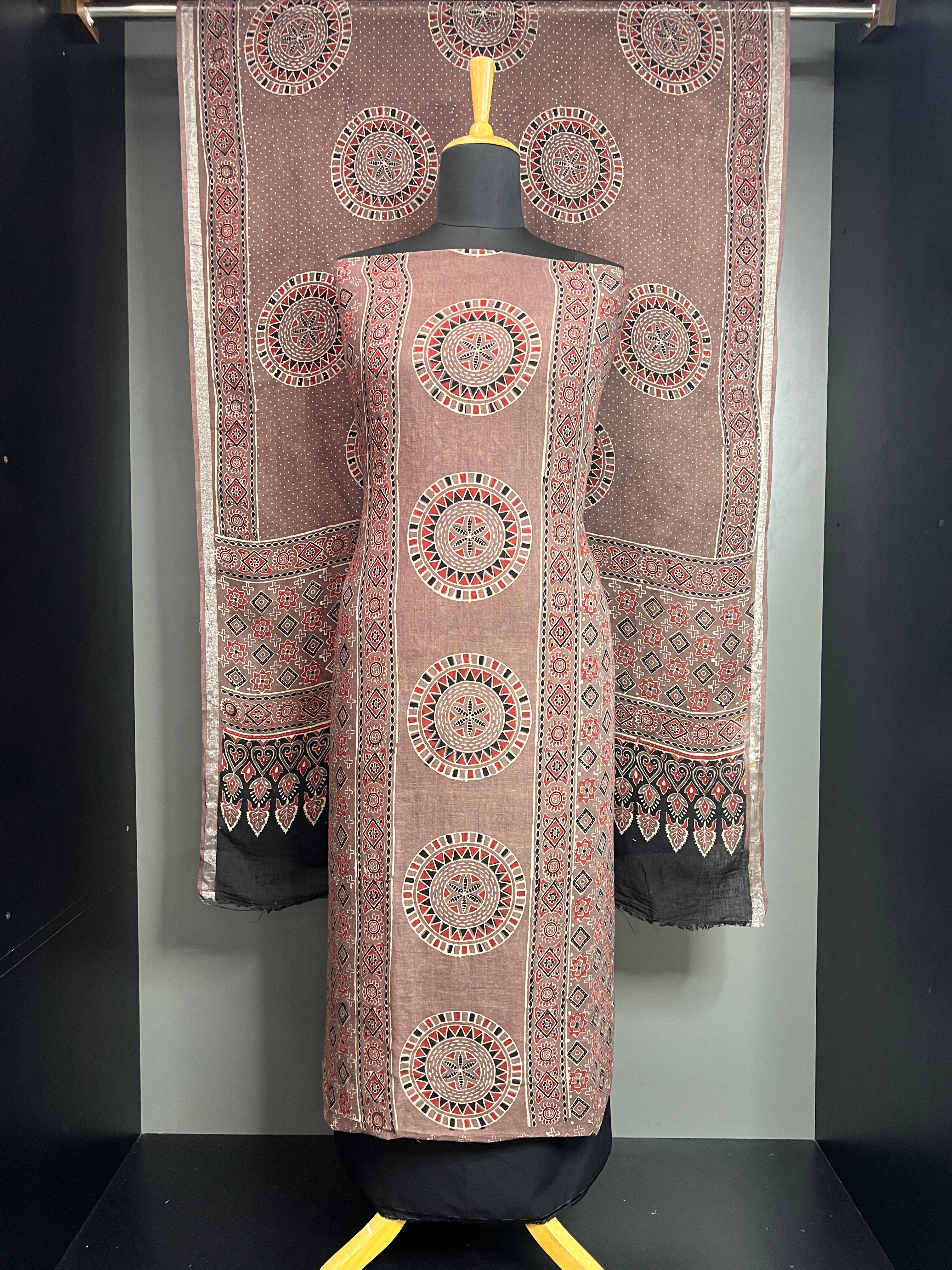 Traditional Ajrakh Inspired Printed Linen Salwar Set |  HE306