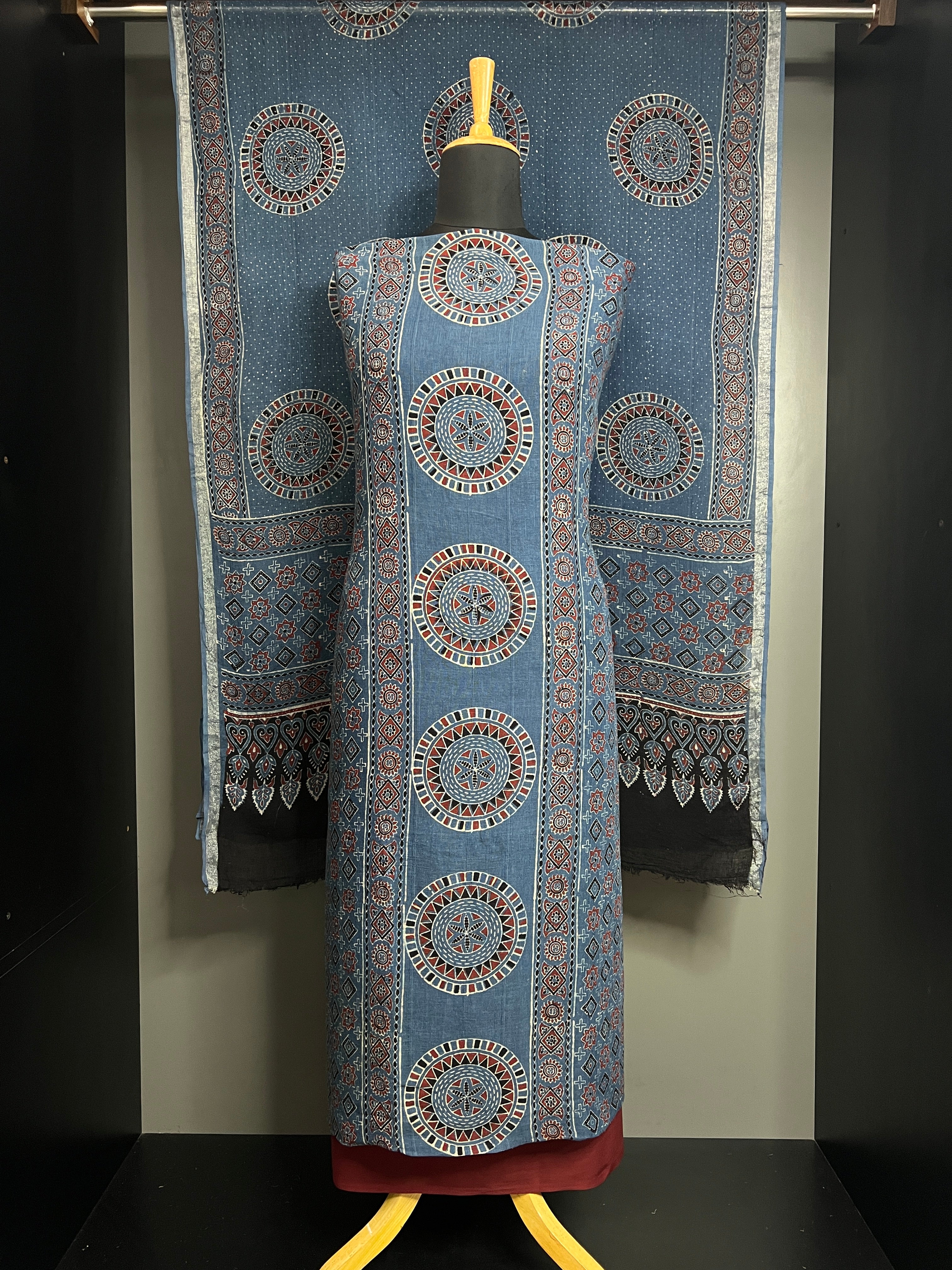 Traditional Ajrakh Inspired Printed Linen Salwar Set | HE303