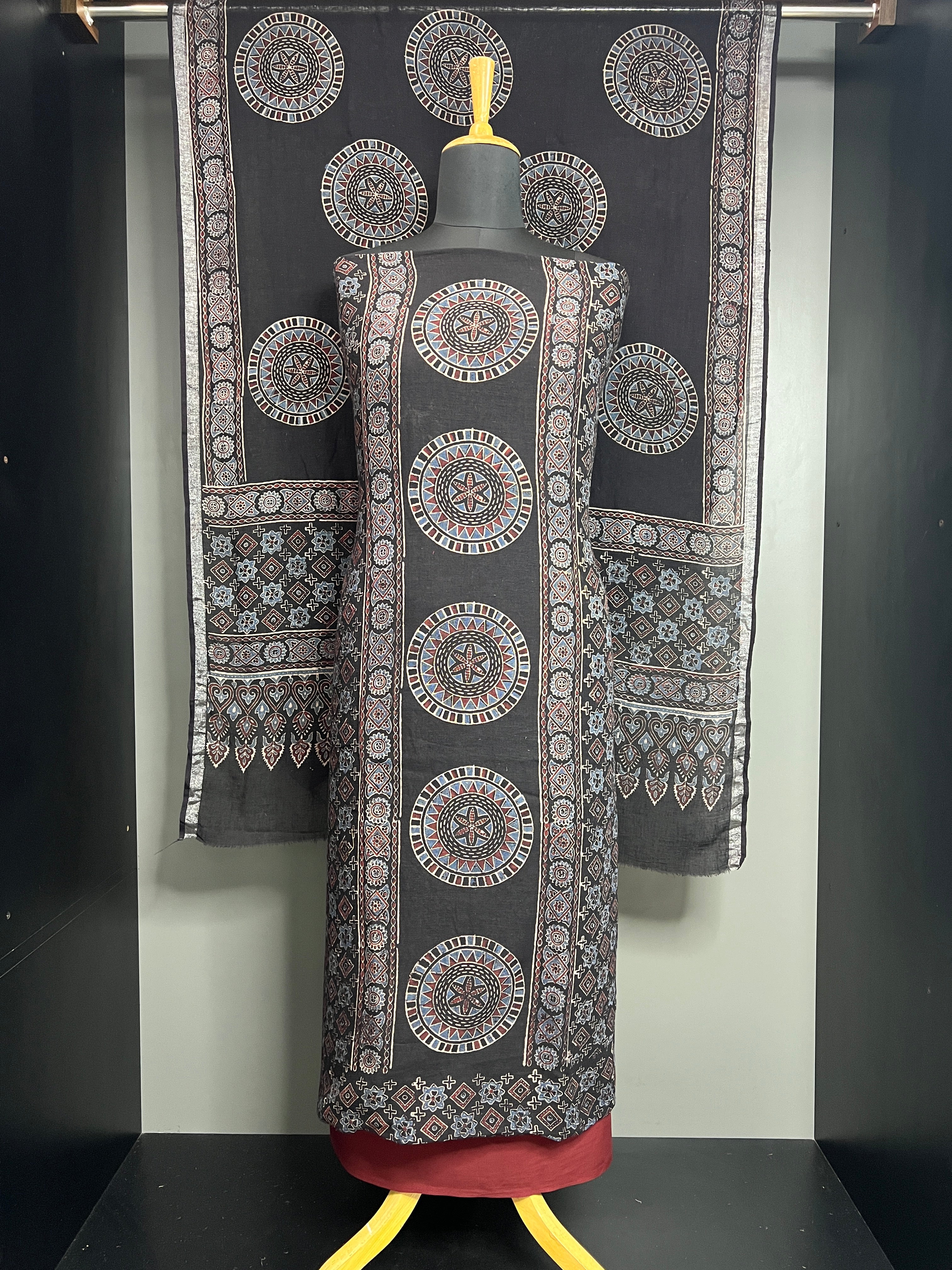Traditional Ajrakh Inspired Printed Linen Salwar Set | HE305