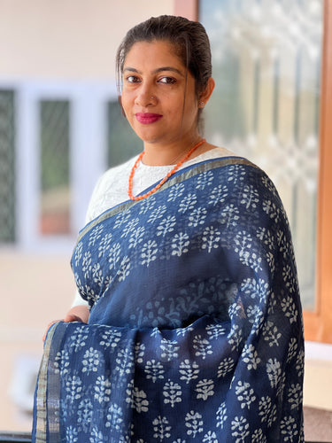 Hand Block Print Design Kota Doria Indigo Saree | VFC409 | PRE-ORDER