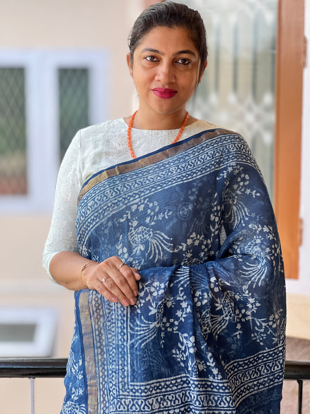 Peacock Design Block Print Design Kota Doria Indigo Saree