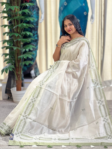 Print With Embroidery Highlighted Tussar Organza Saree | BLD1269