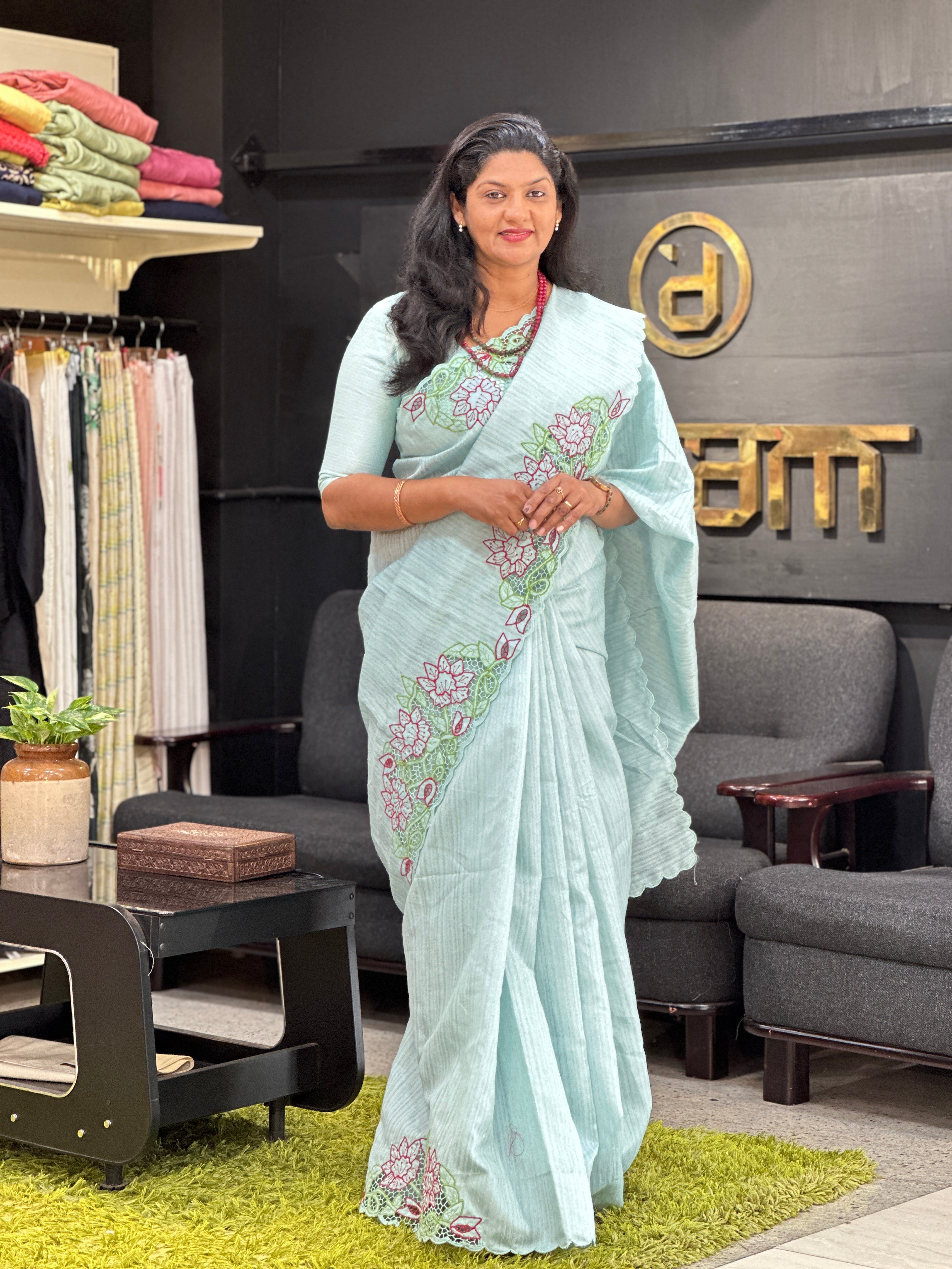 Twine Cut Work With Floral Embroidered Green Silk Saree | TC487