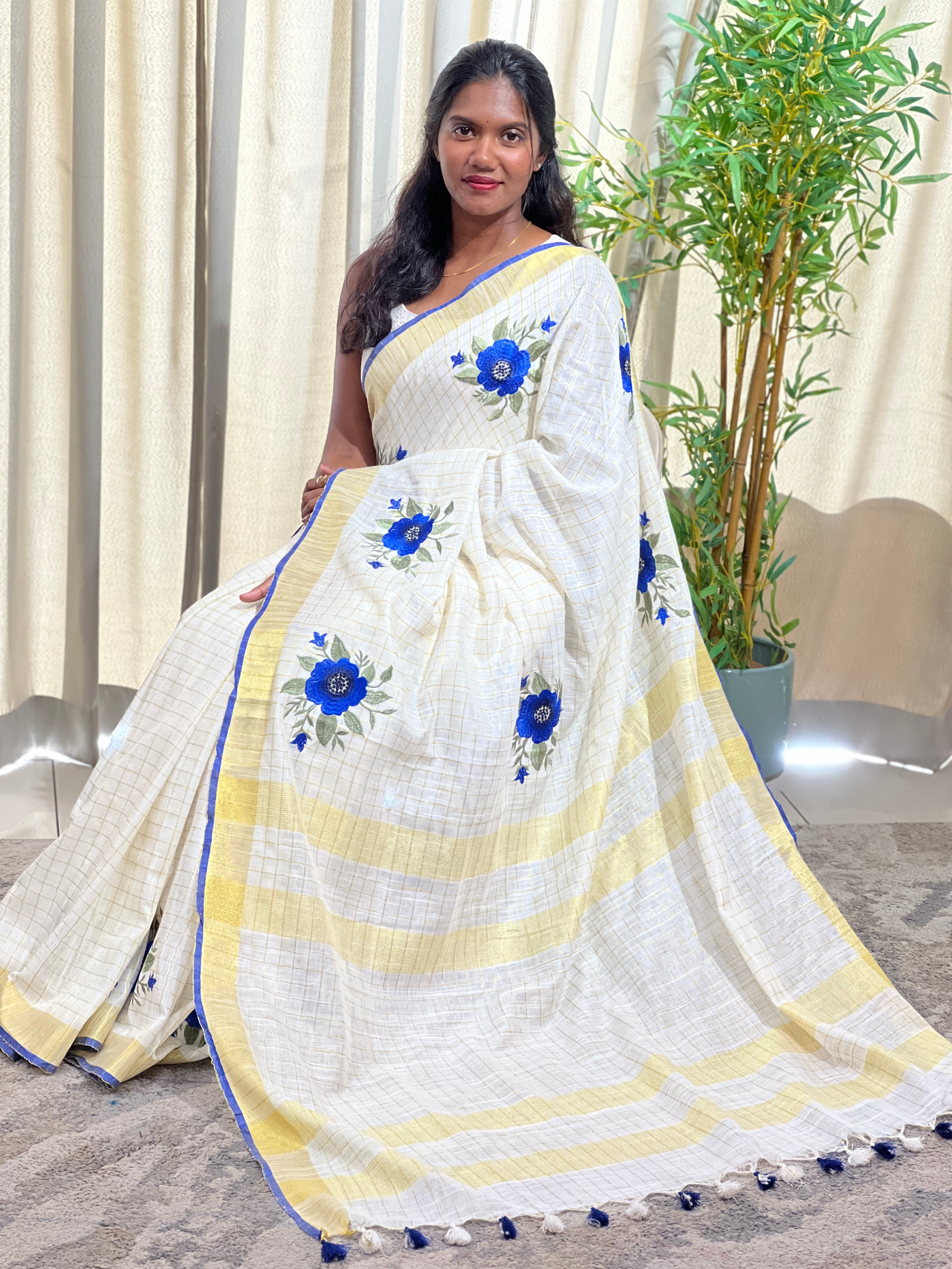 Floral Embroidered Linen Saree | NHH637
