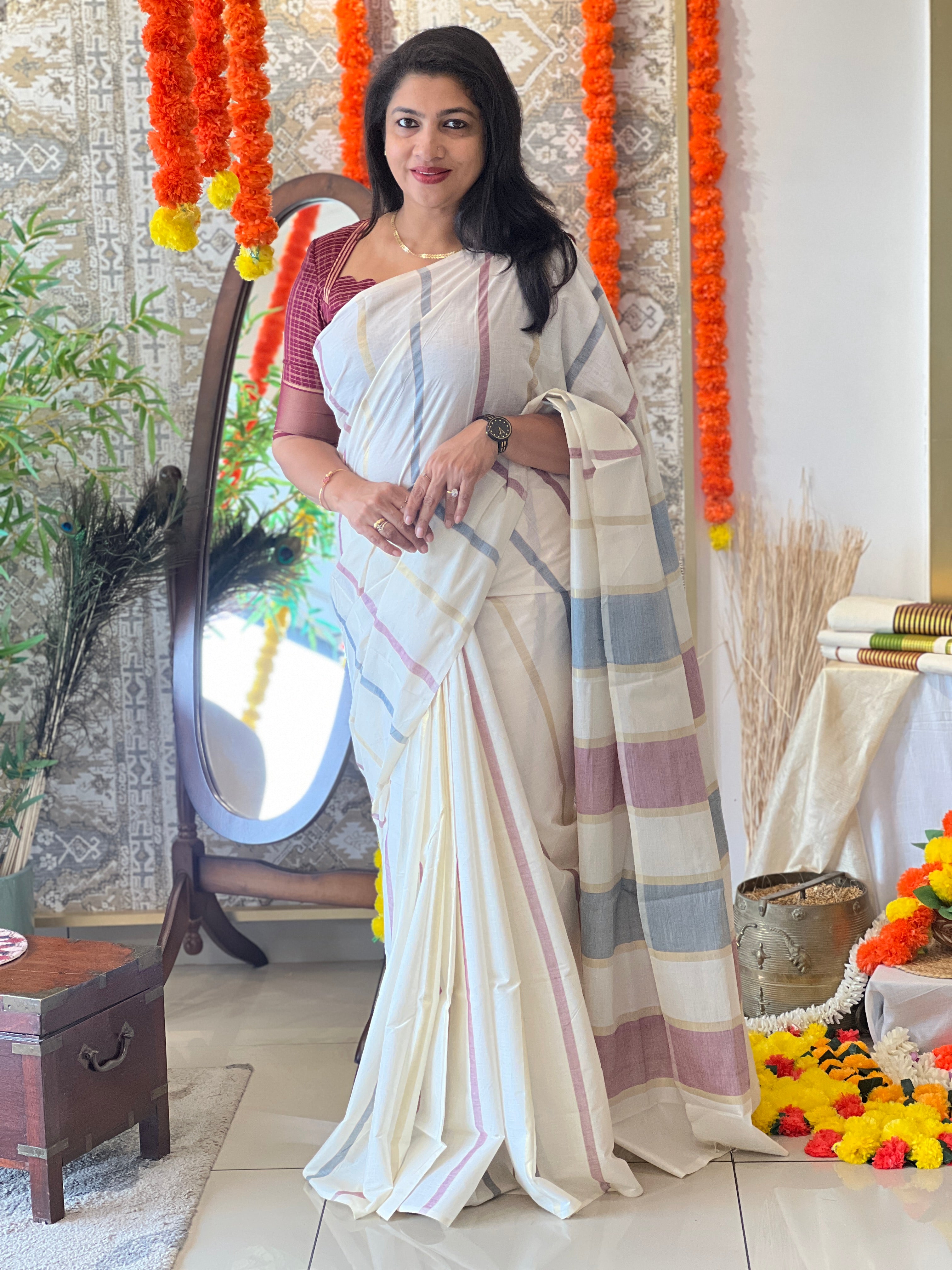 Vertical Line Pattern Kerala Cotton Saree | RLF119