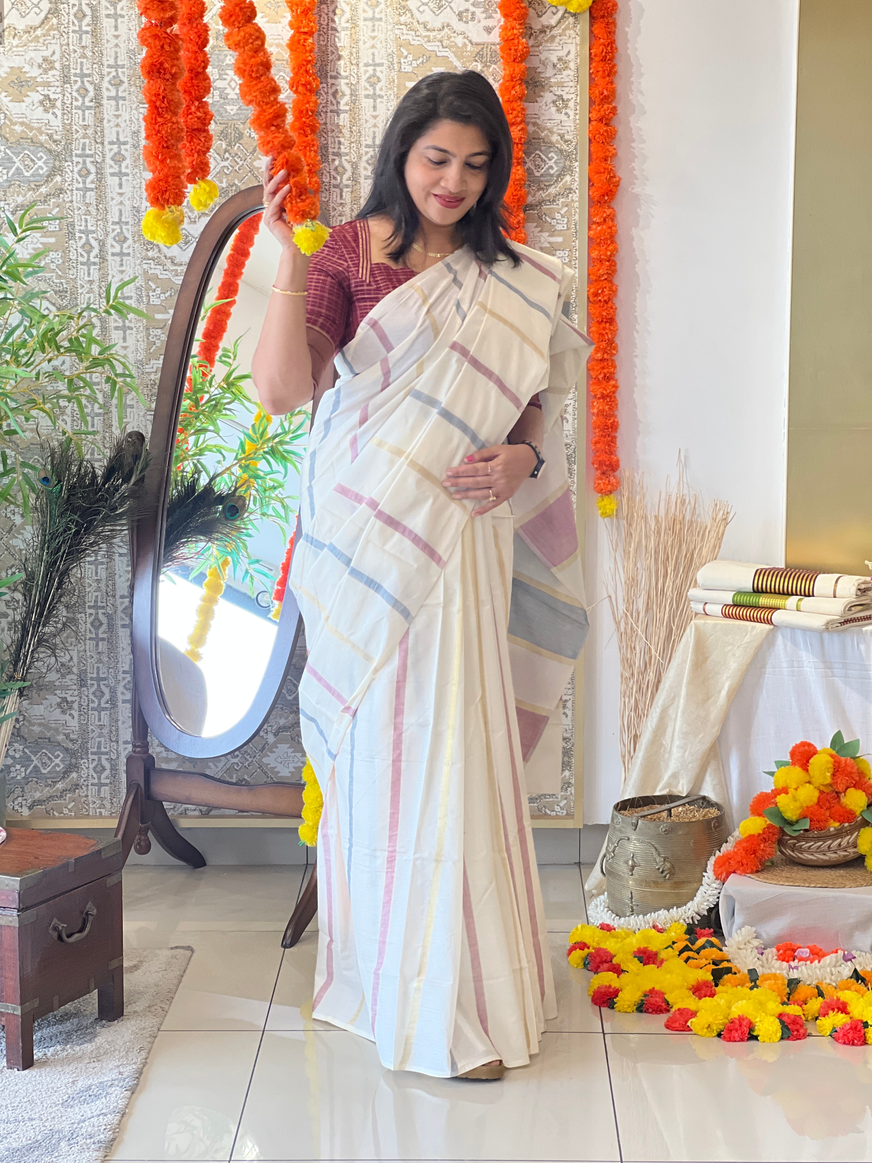 Vertical Line Pattern Kerala Cotton Saree | RLF119