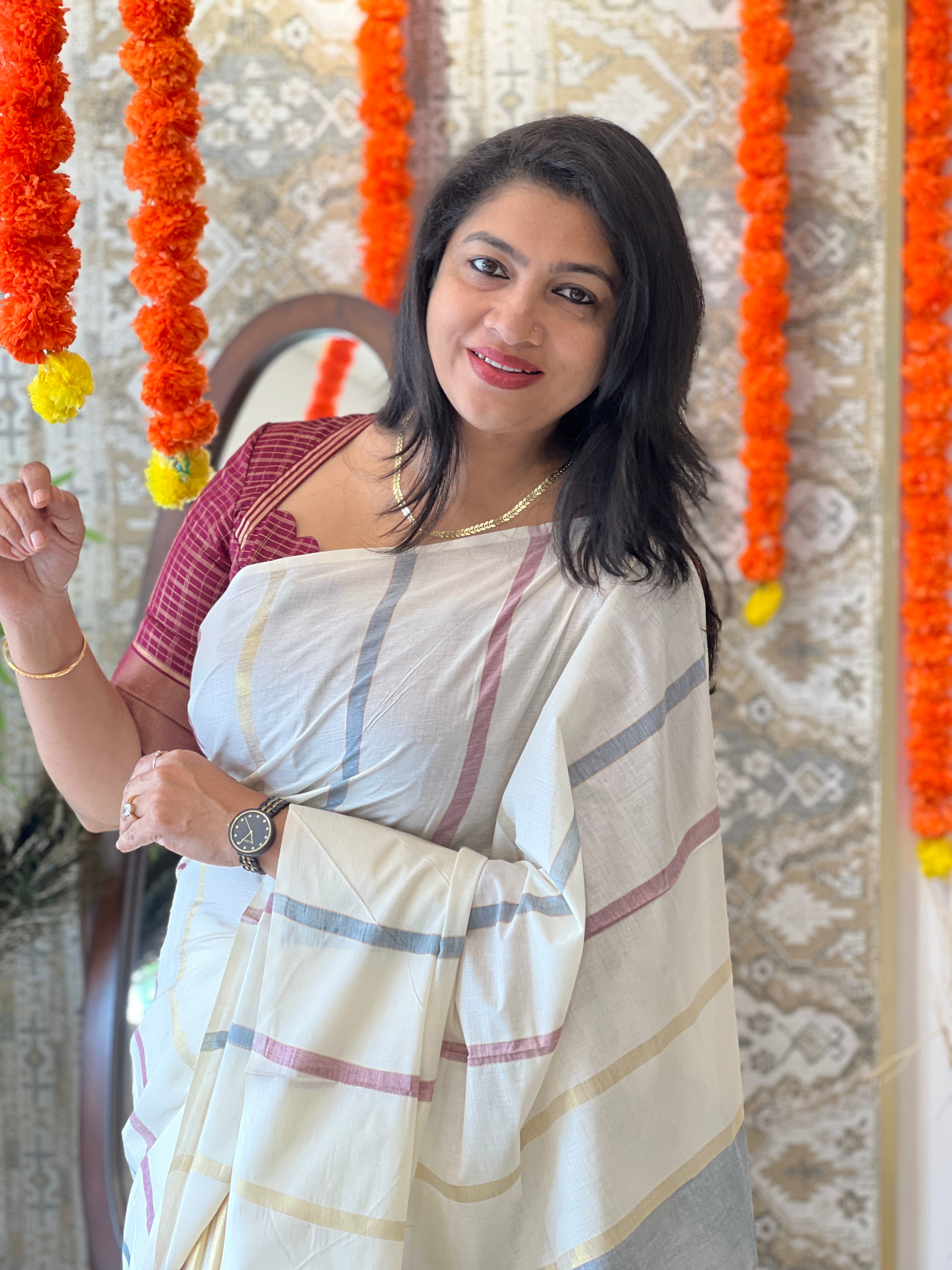 Vertical Line Pattern Kerala Cotton Saree | RLF119