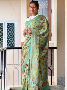 Kalamkari Inspired Print Design Floral Pattern Muga Tussar Saree | SK249