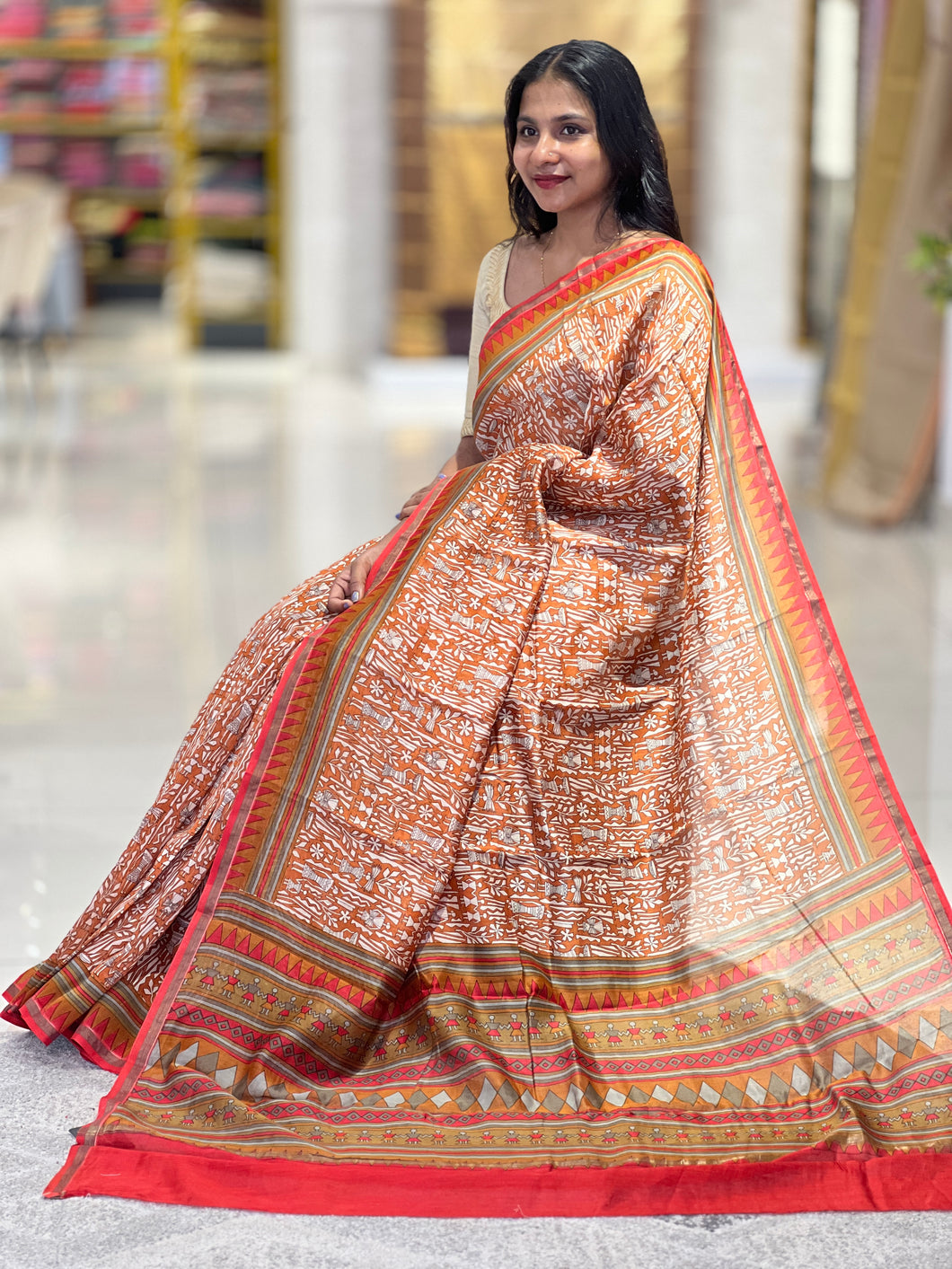 Chanderi Saree With Warli Inspired Screen Print Detailing | LP154