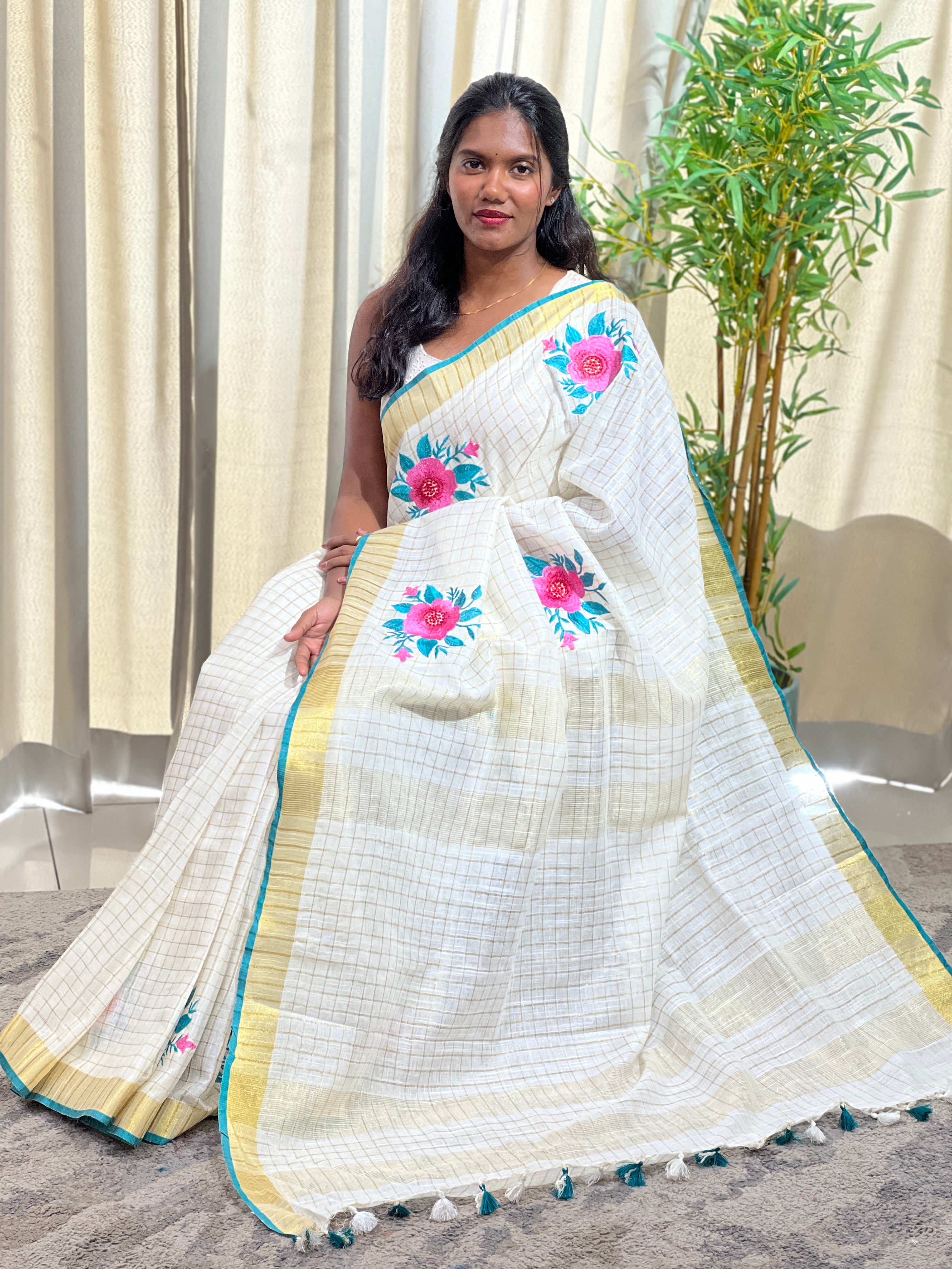 Floral Embroidered Linen Saree  | NHH639