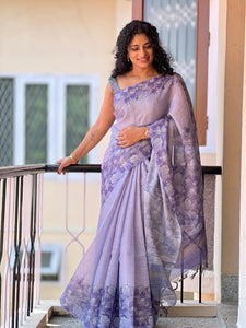 Floral Border Pattern Linen Finish Saree | KSD108