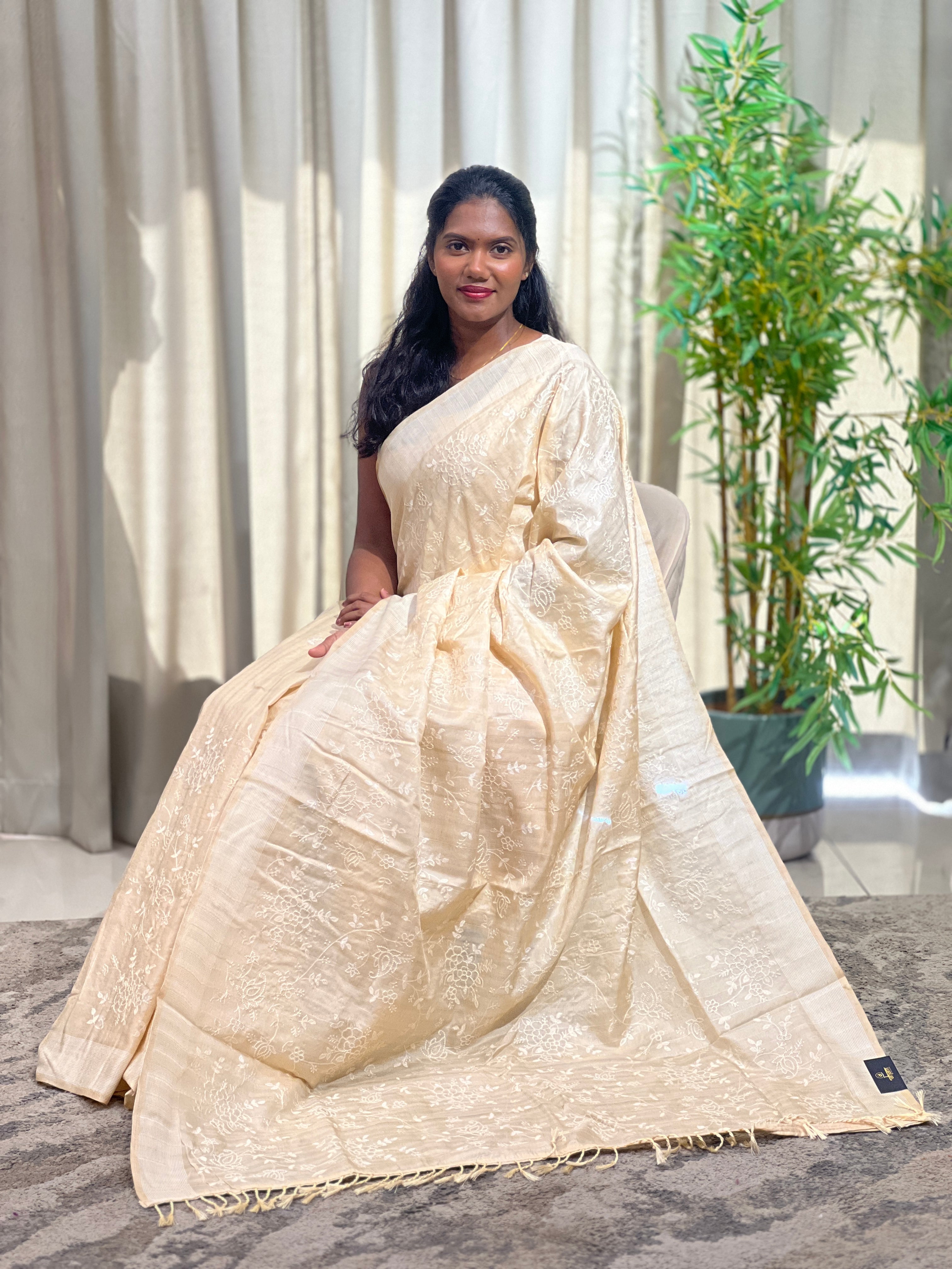 Point Embroidered Tussar Saree | SUN820