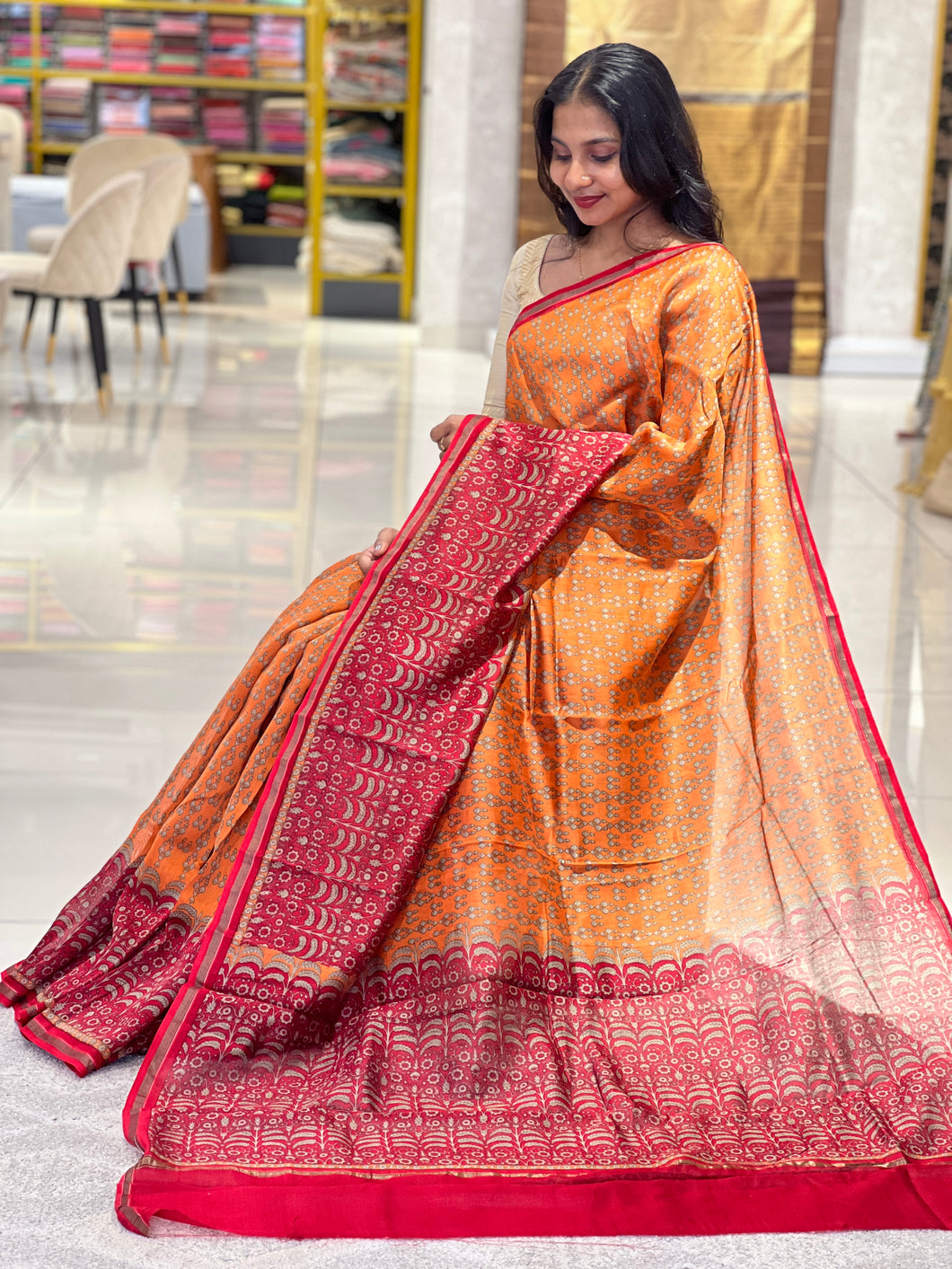 Printed Chanderi Saree With Zari Borders | LP152