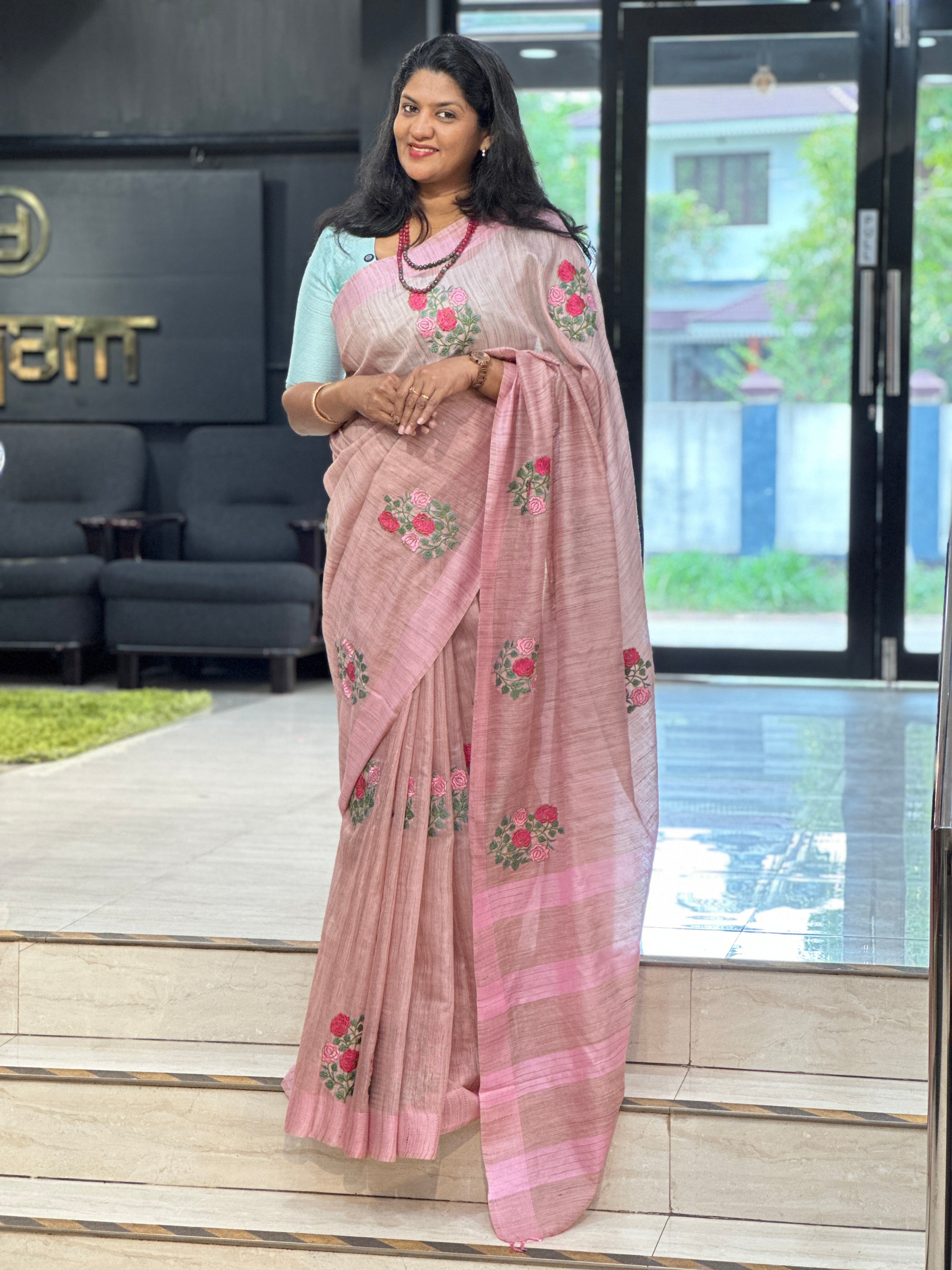Floral Embroidered Basbara Silk Finish Saree | NHH372
