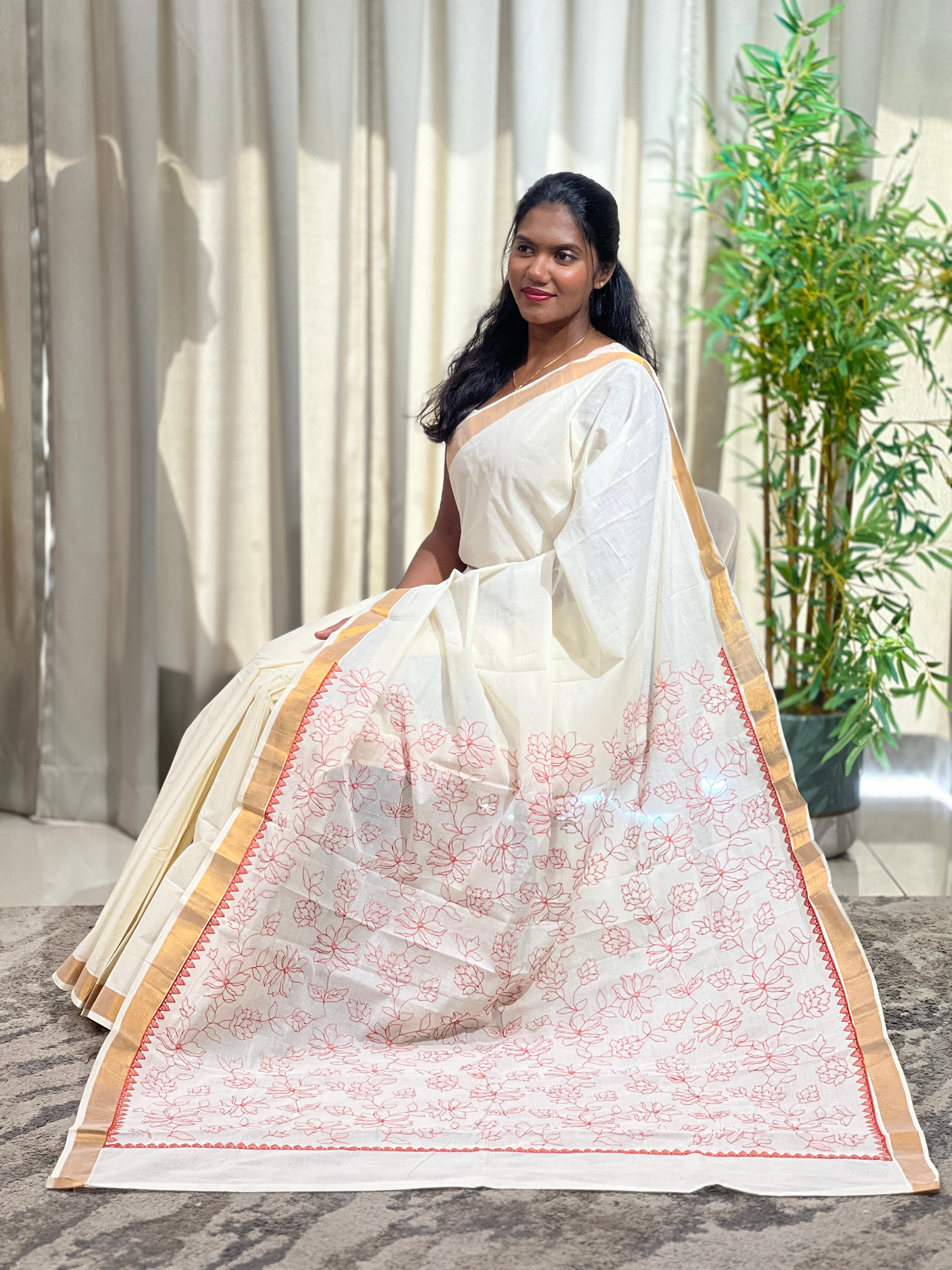 Machine Embroidered Kerala Cotton Saree | JSC709