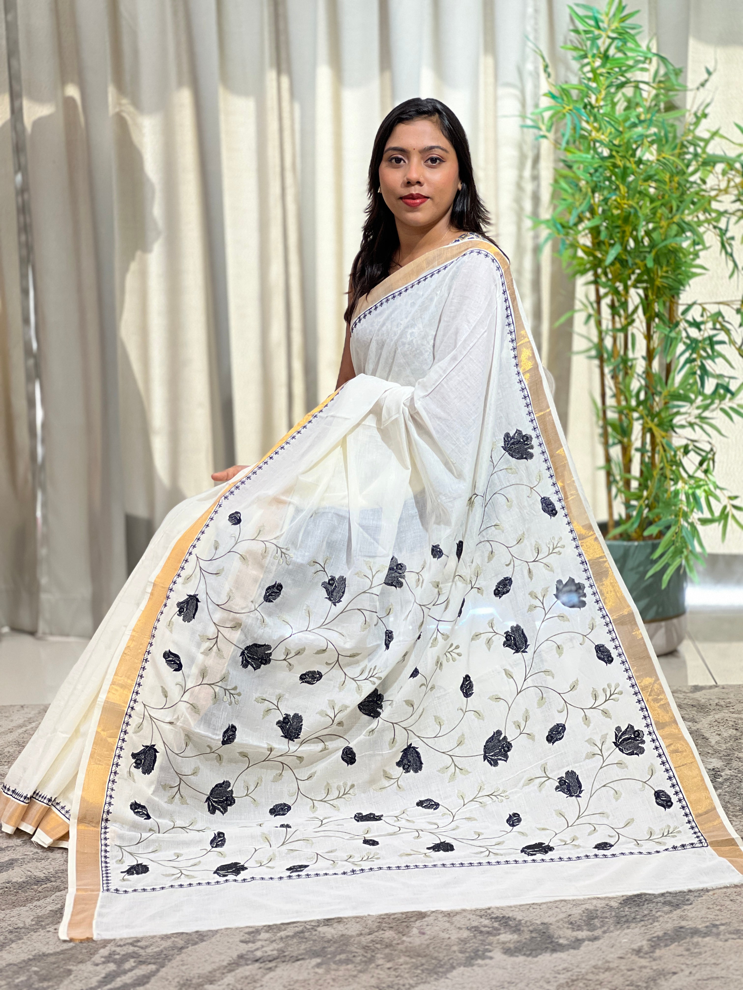 Machine Embroidered Kerala Cotton Saree | JSC710