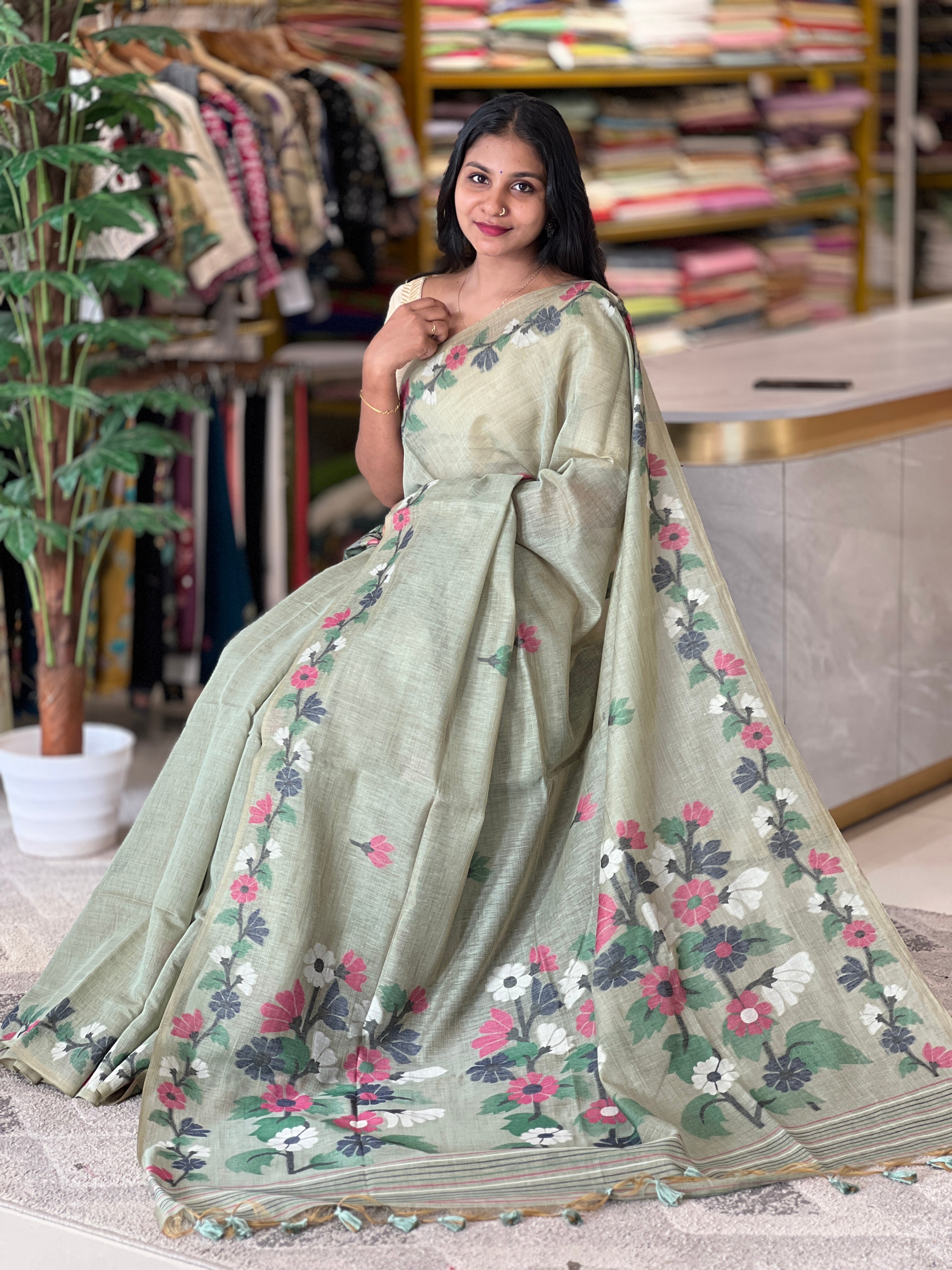 Floral Jamdani Weaving Pattern Cotton Blended Saree | KSD224 – Aham ...