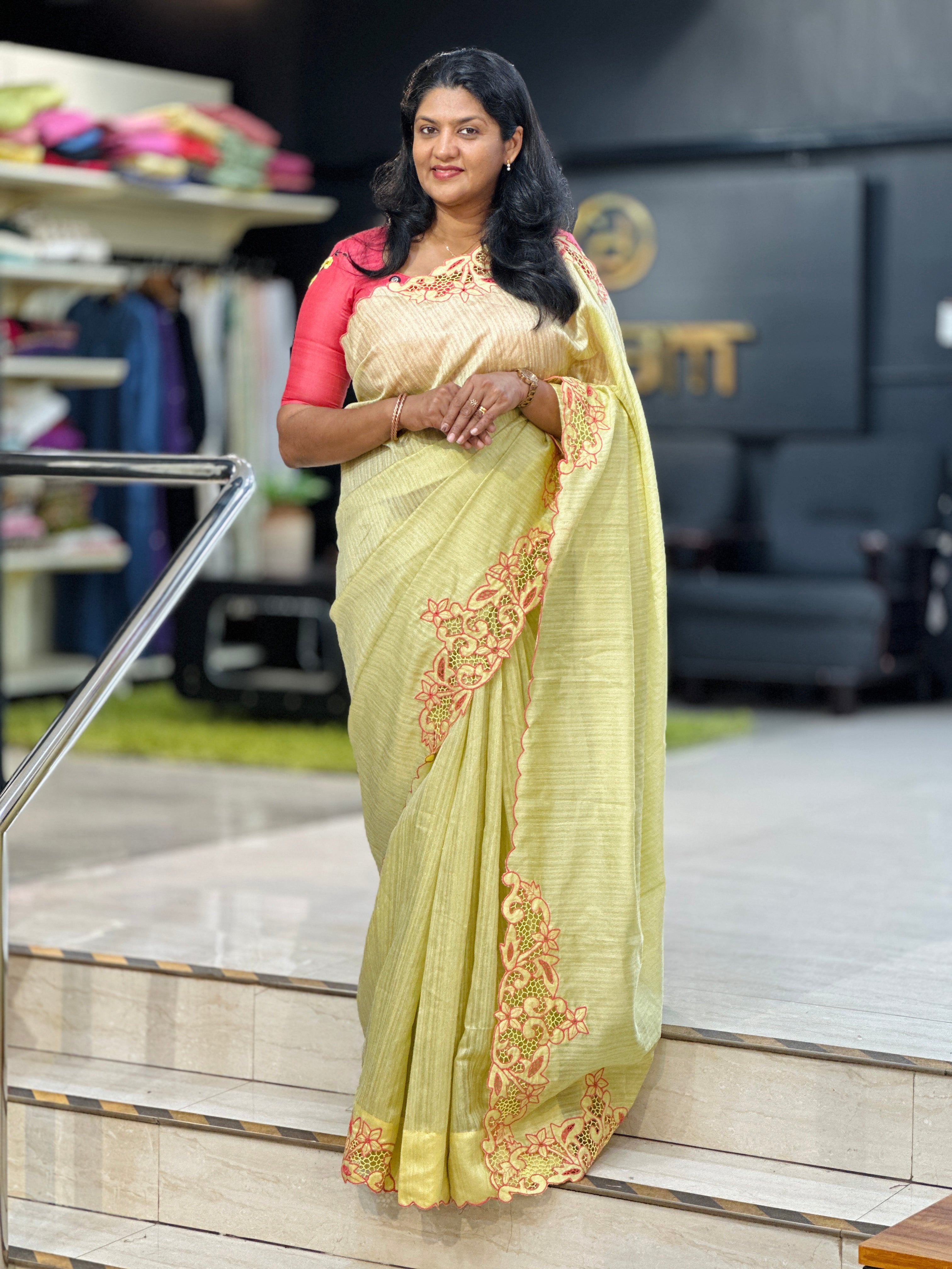 Placement Twine Cutwork Floral Design Green Silk Saree | TC488