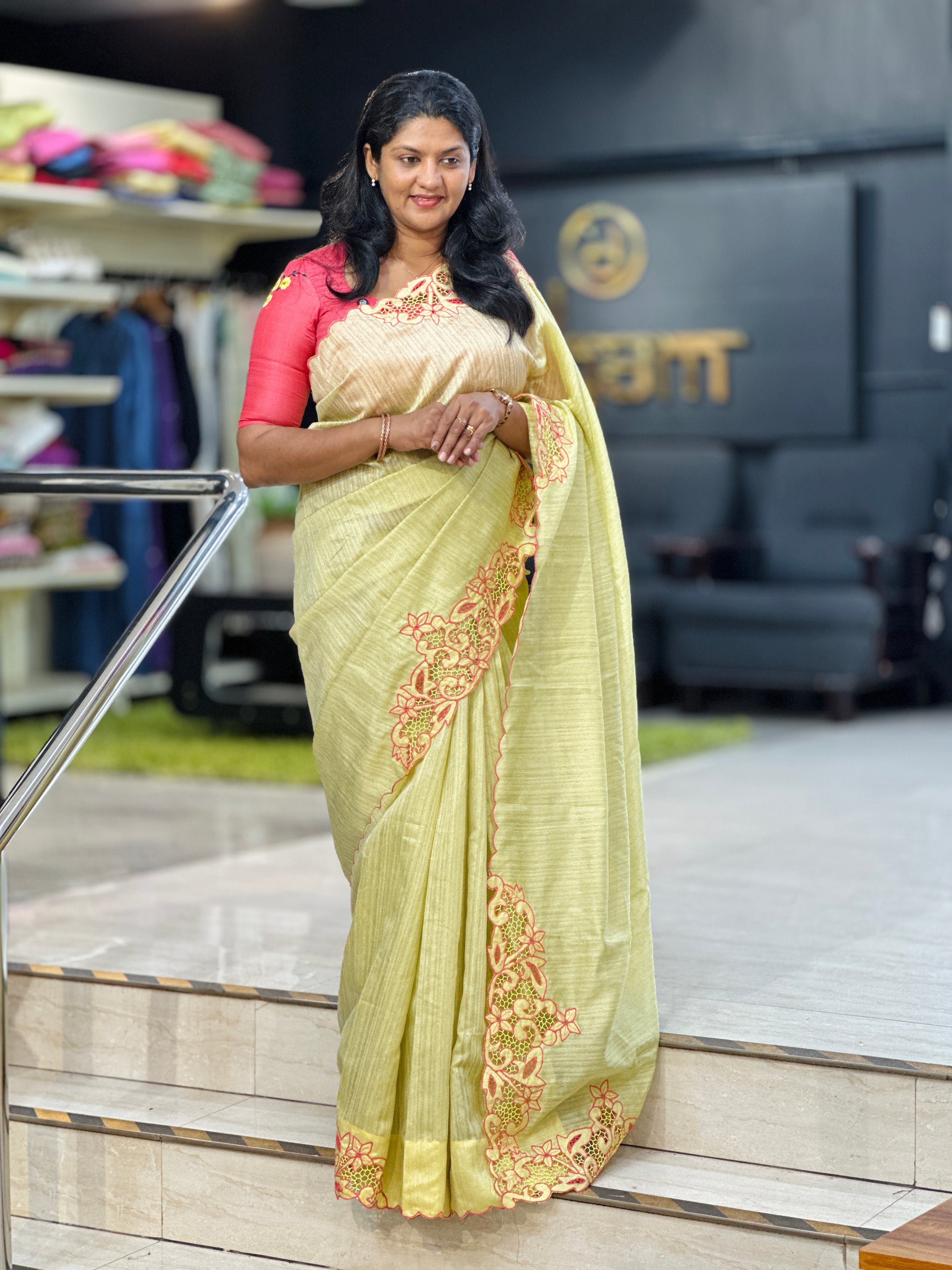 Placement Twine Cutwork Floral Design Green Silk Saree | TC488