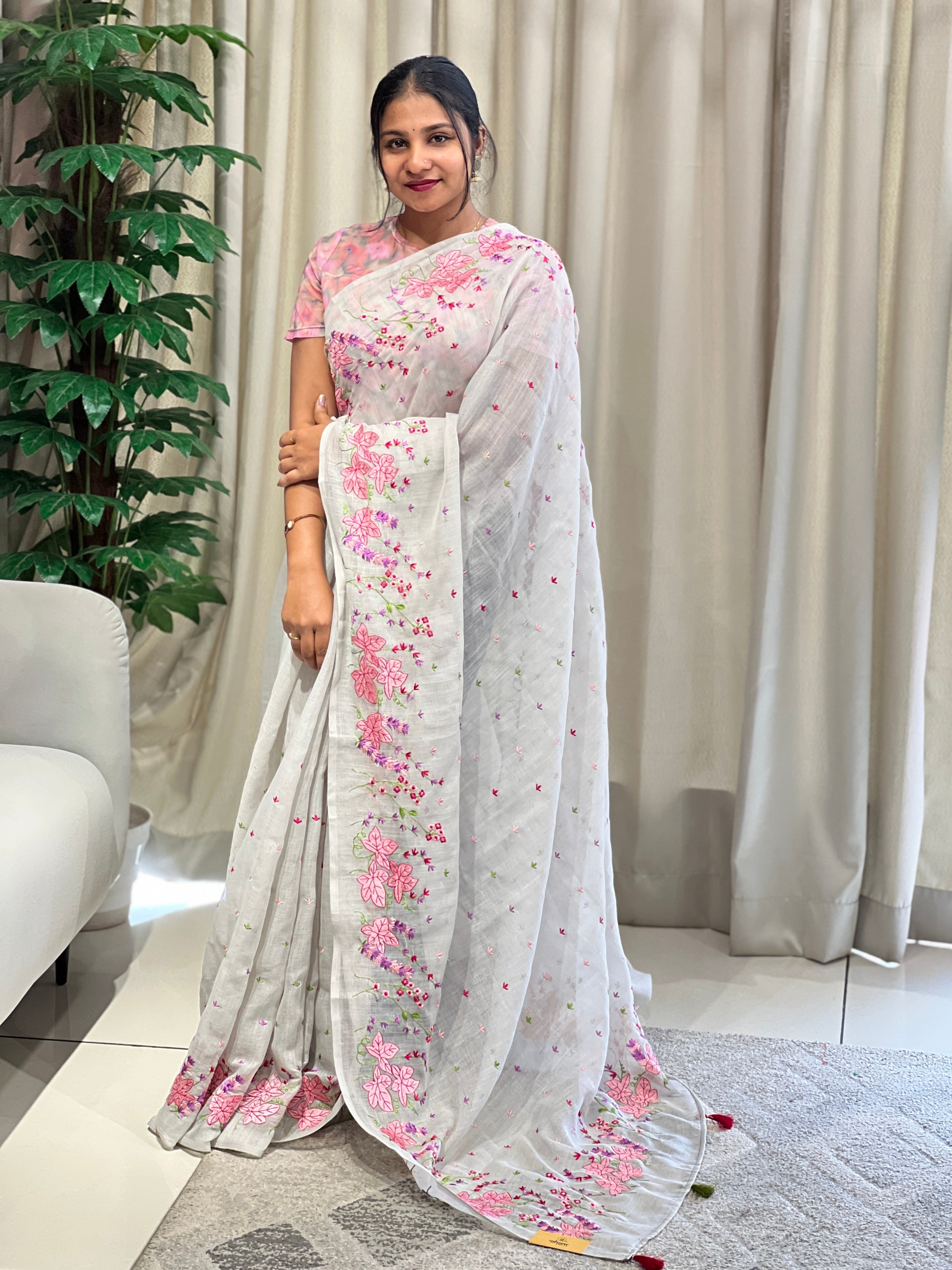 Floral Machine Embroidery Detailed Linen Cotton Saree | RP787