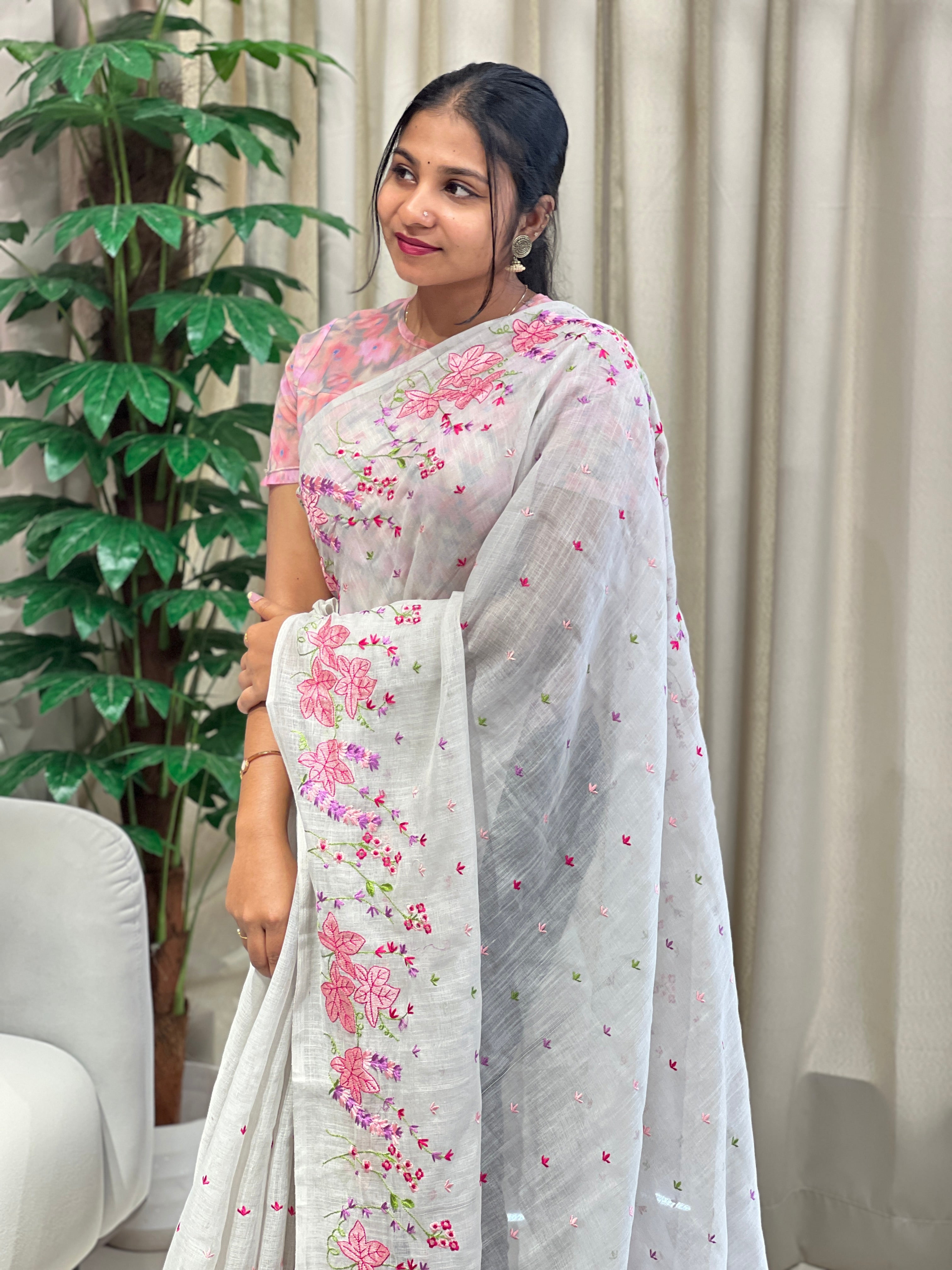 Floral Machine Embroidery Detailed Linen Cotton Saree | RP787