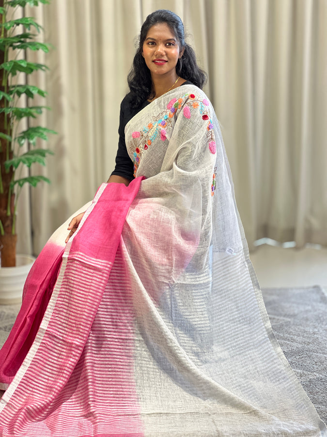 Floral Hand Embroidery Detailed Linen Saree | NHH117