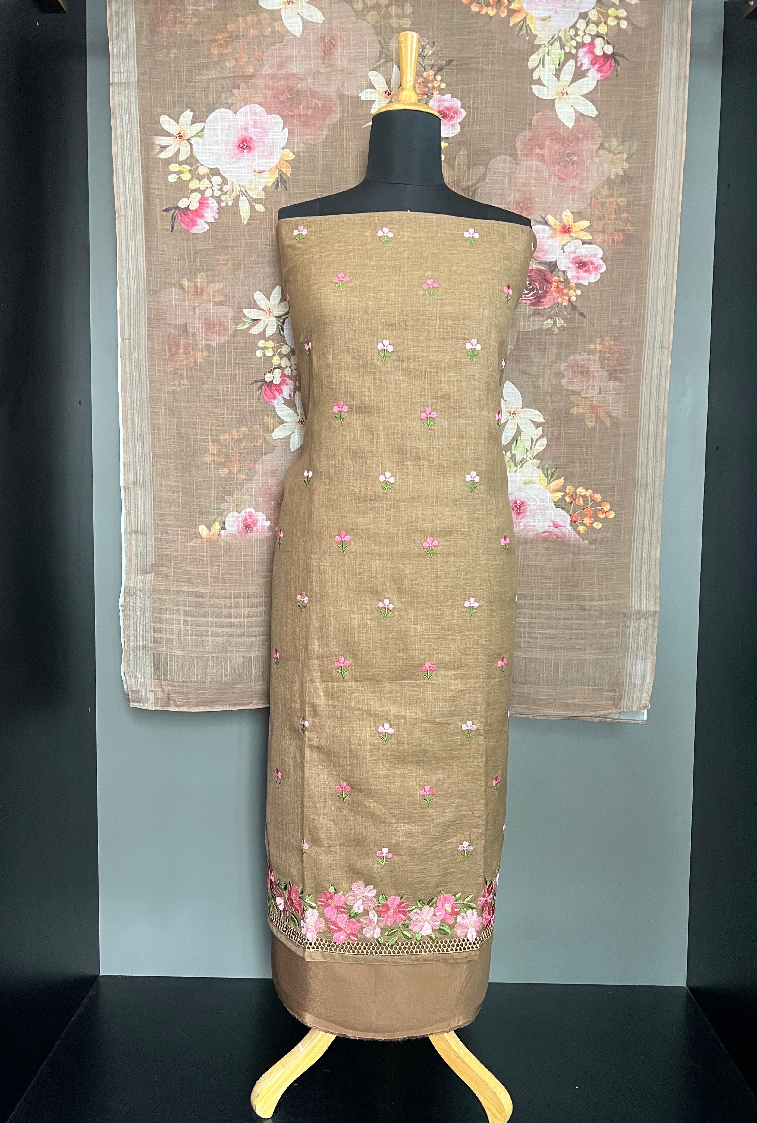 Machine Embroidery Bhagalpuri Slub Linen Salwar Set | SW2446