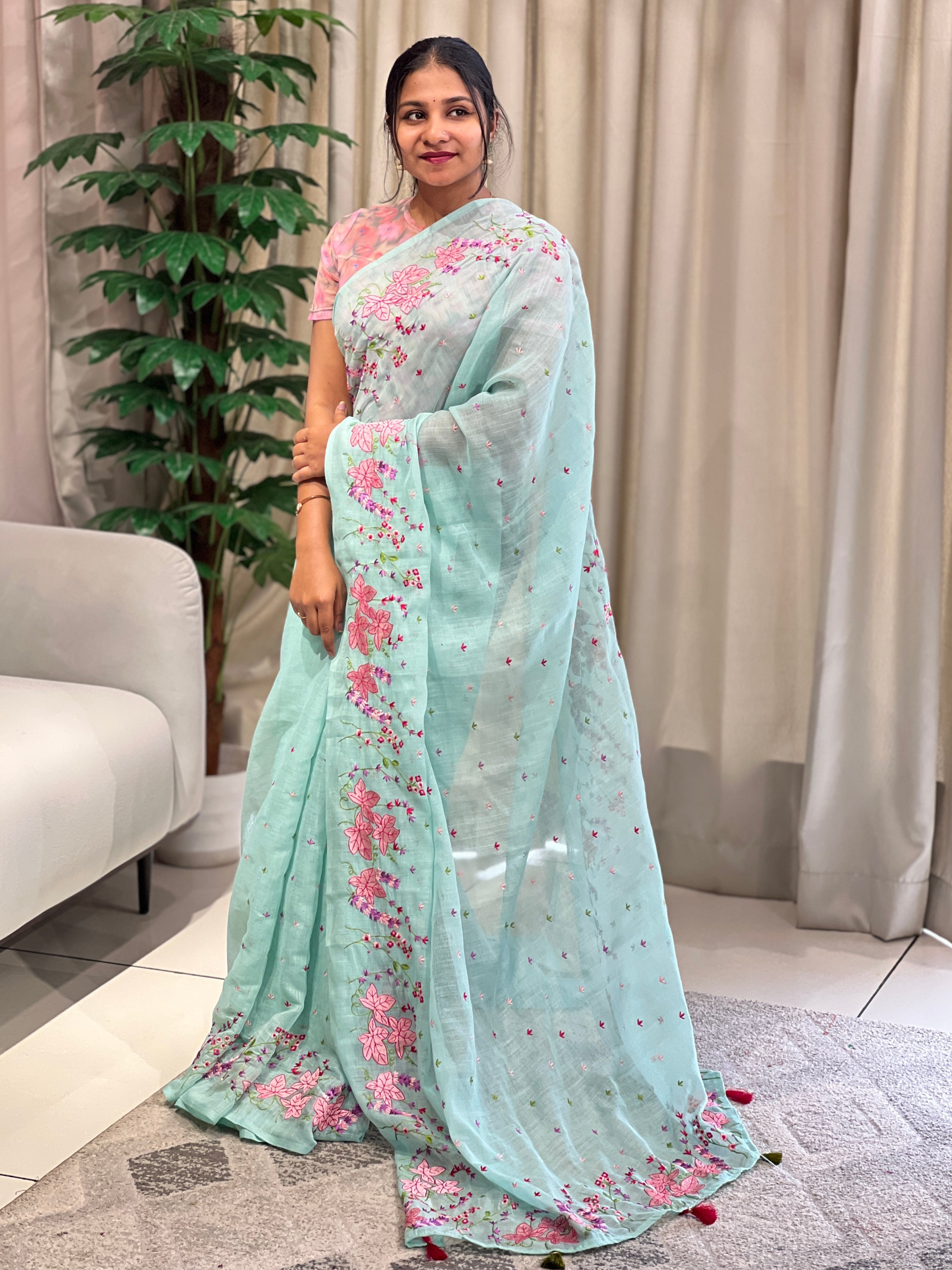 Floral Machine Embroidery Detailed Linen Cotton Saree | RP786