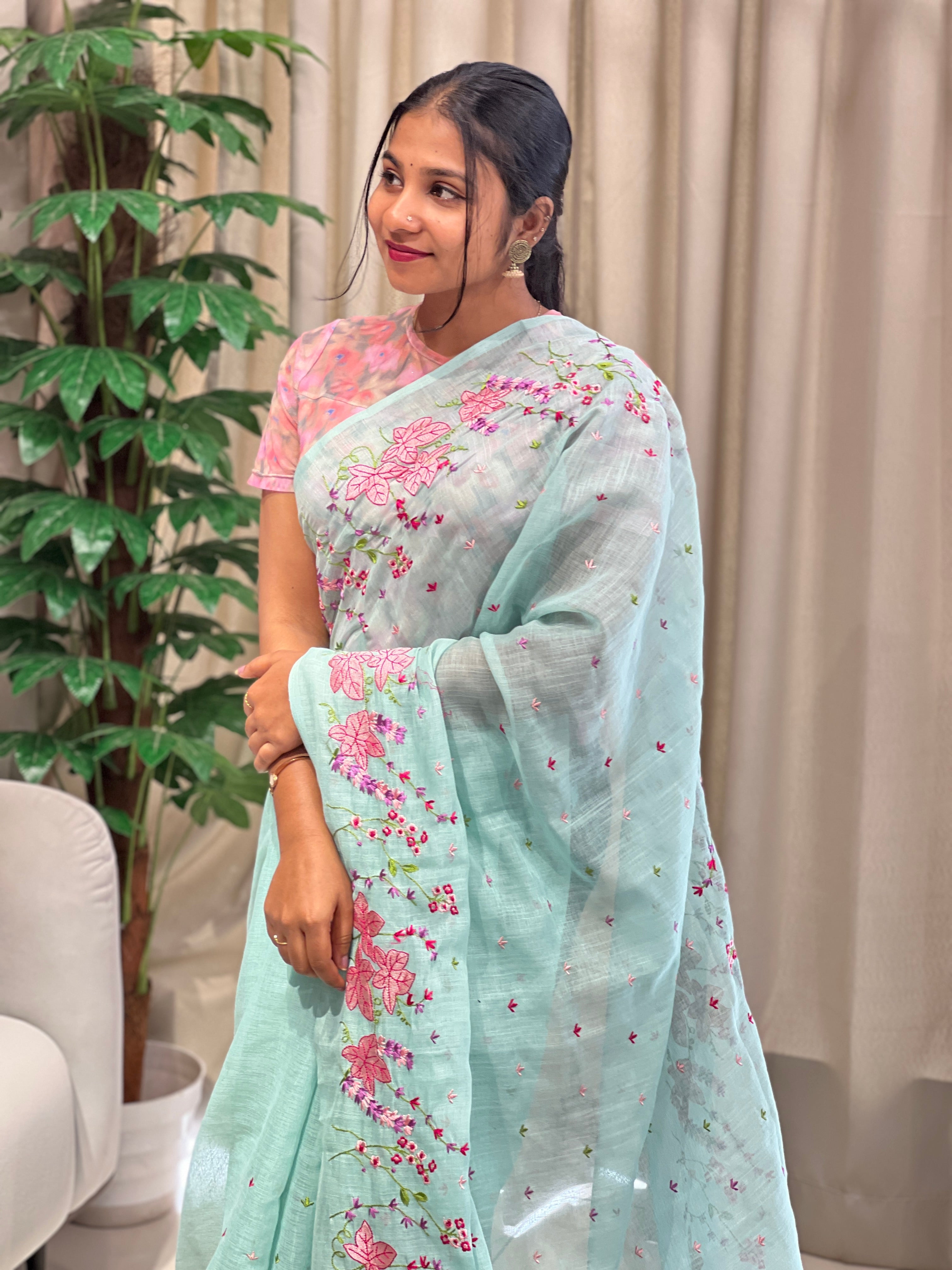 Floral Machine Embroidery Detailed Linen Cotton Saree | RP786