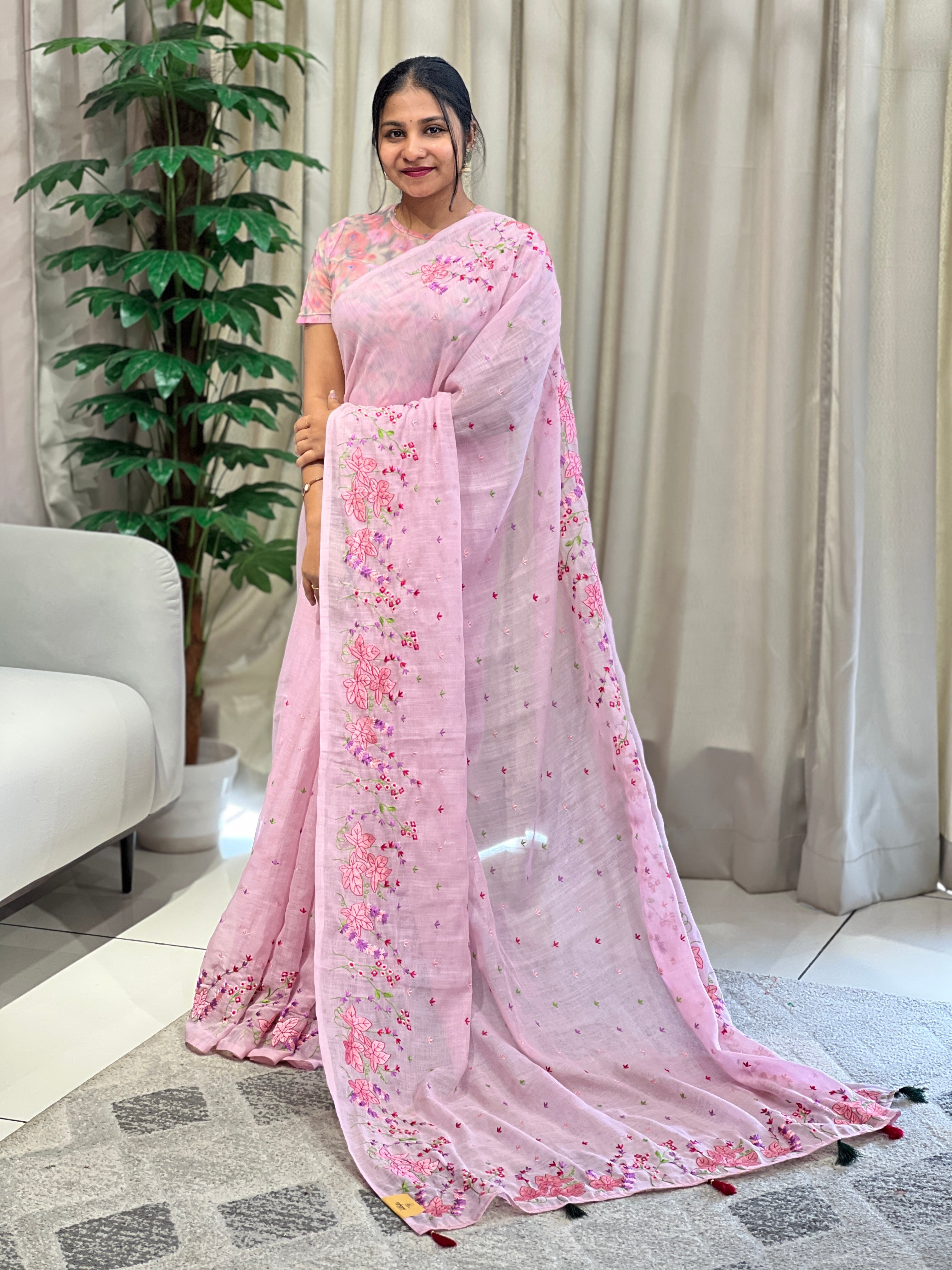 Floral Machine Embroidery Detailed Linen Cotton Saree | RP785