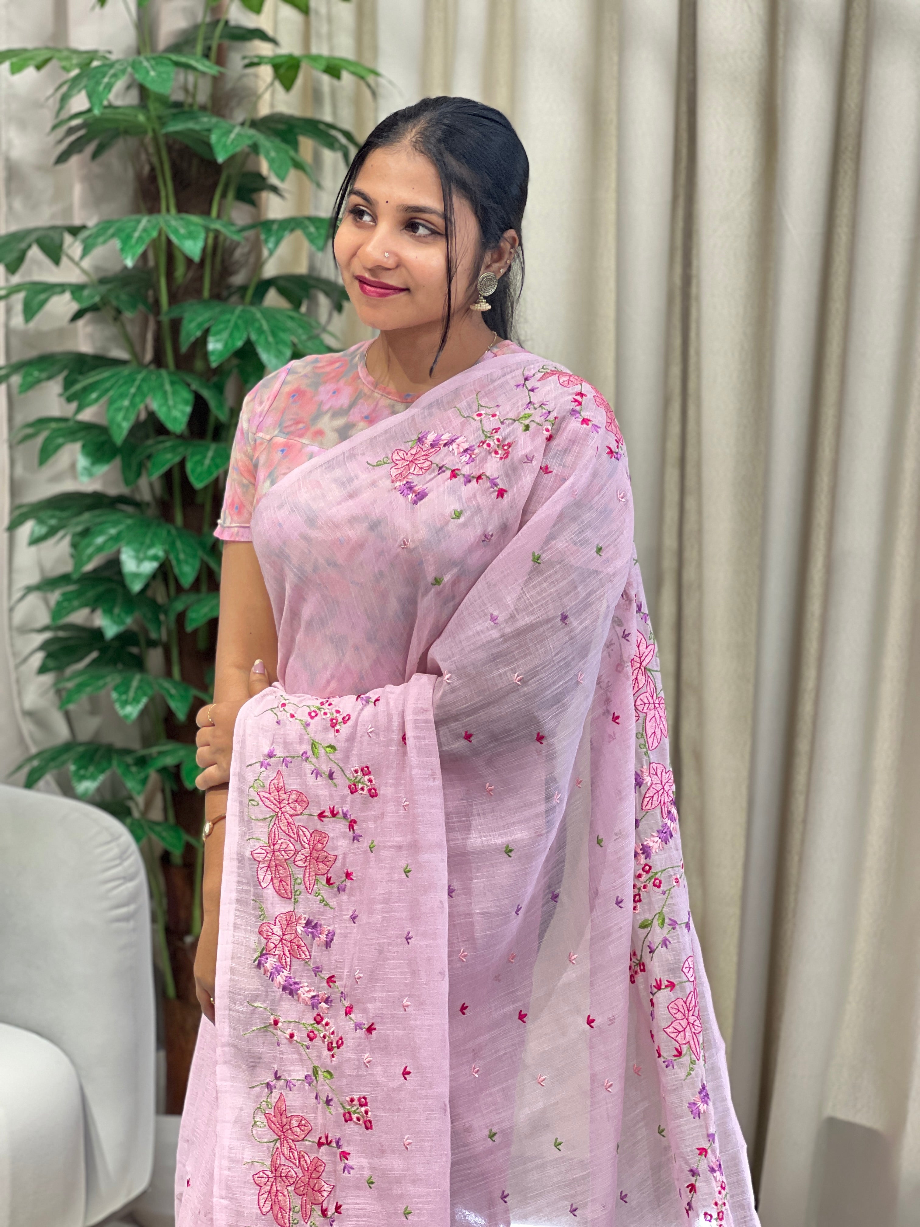 Floral Machine Embroidery Detailed Linen Cotton Saree | RP785