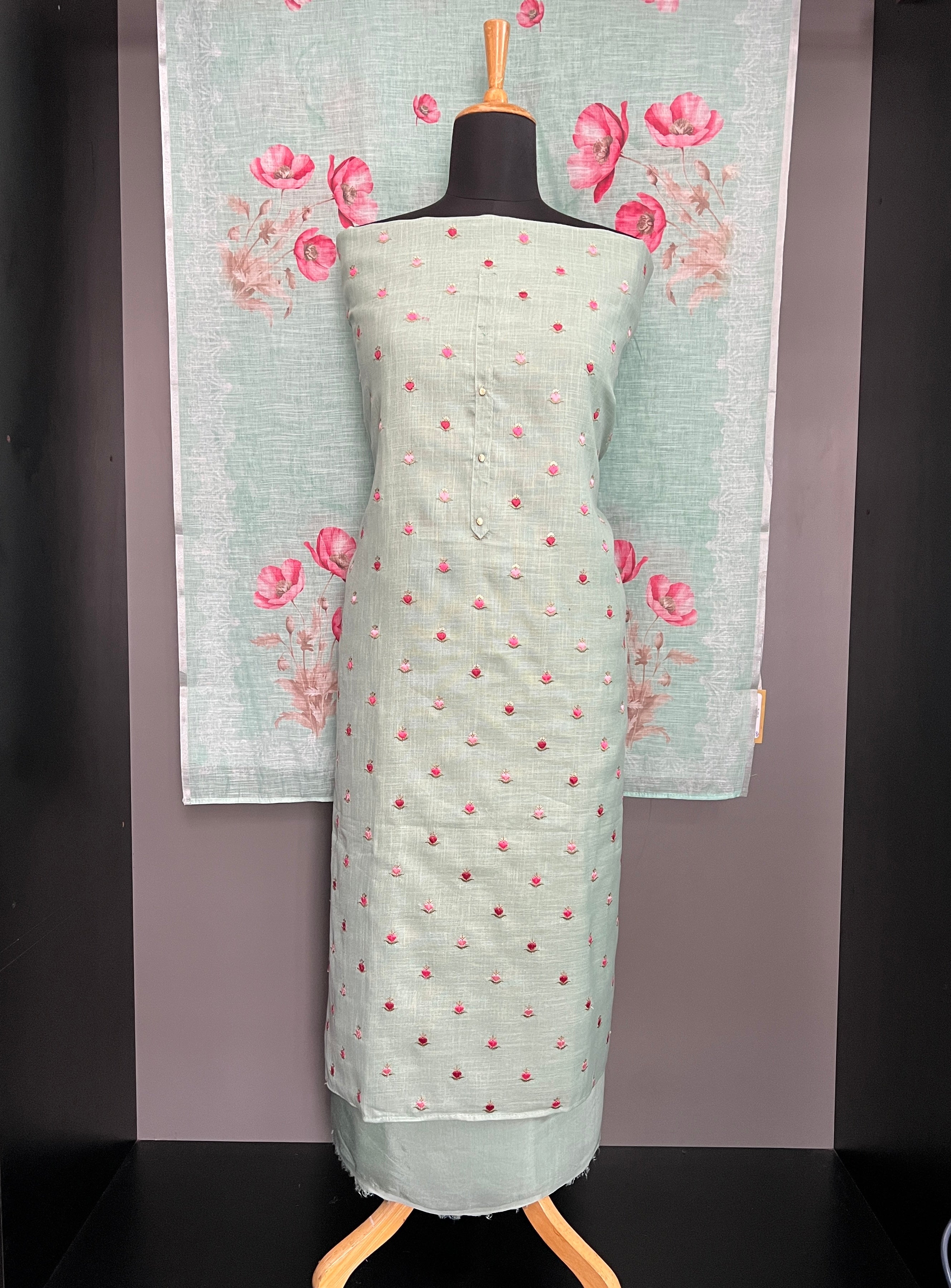 Machine Embroidery Bhagalpuri Slub Linen Salwar Set | SW2441