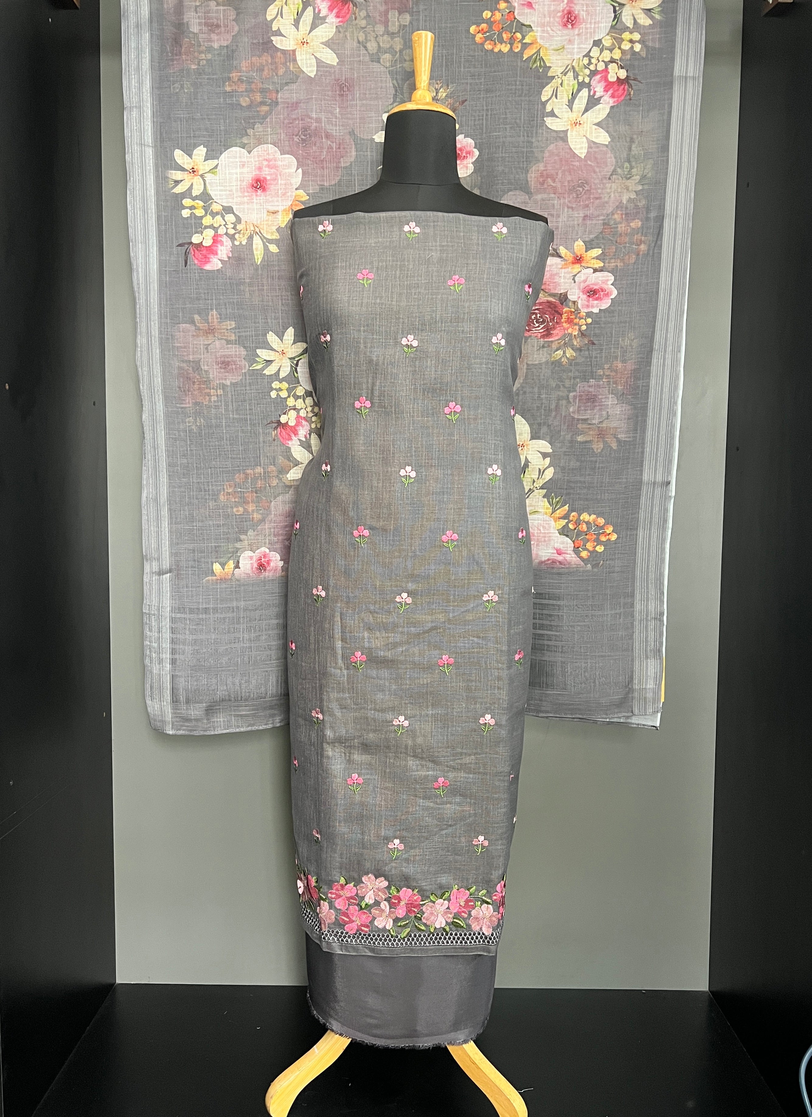 Machine Embroidery Bhagalpuri Slub Linen Salwar Set | SW2445