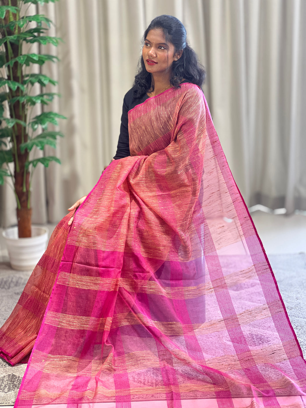Stripe Patterned Linen Sare | AHD363