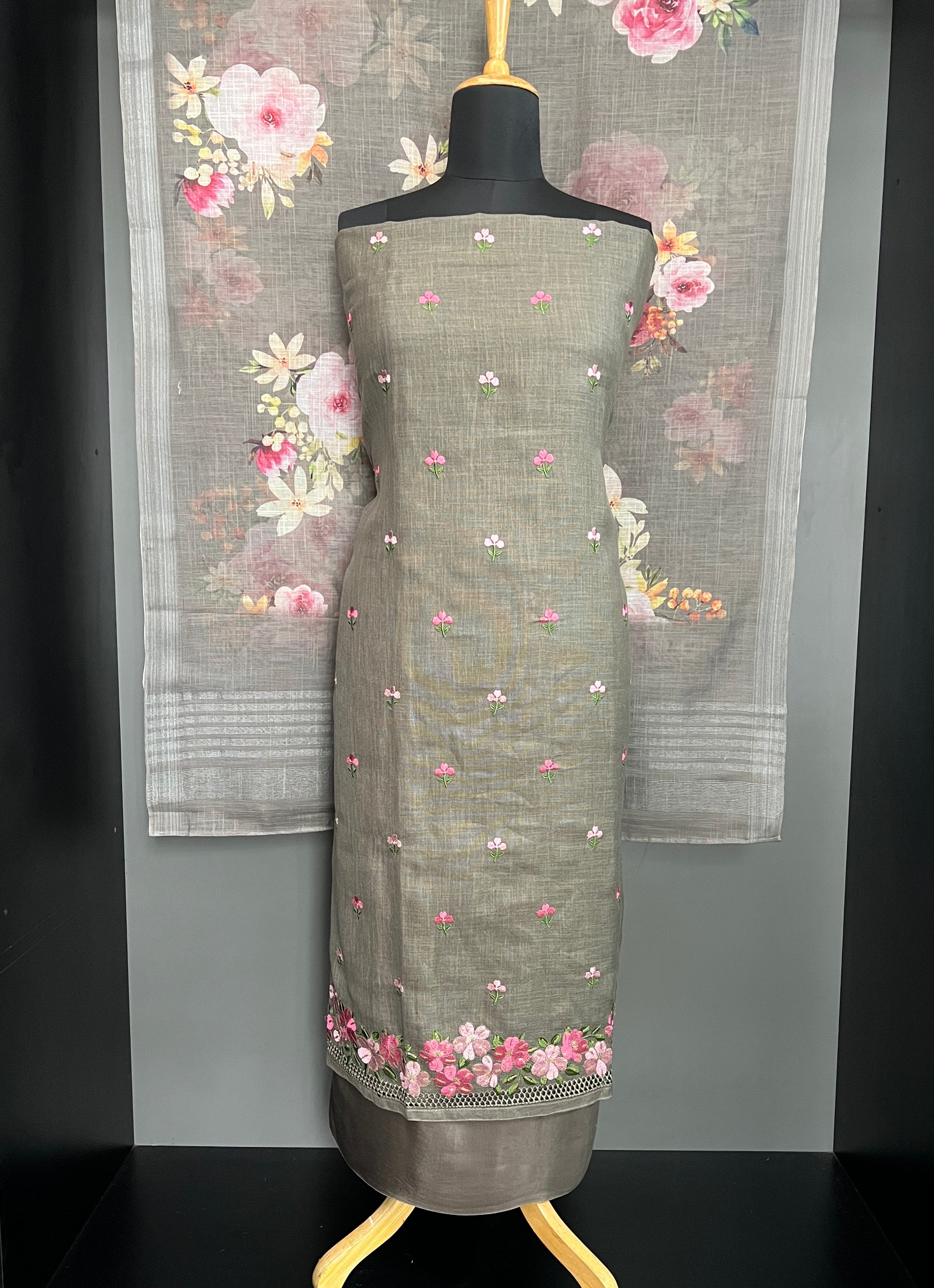 Machine Embroidery Bhagalpuri Slub Linen Salwar Set | SW2448