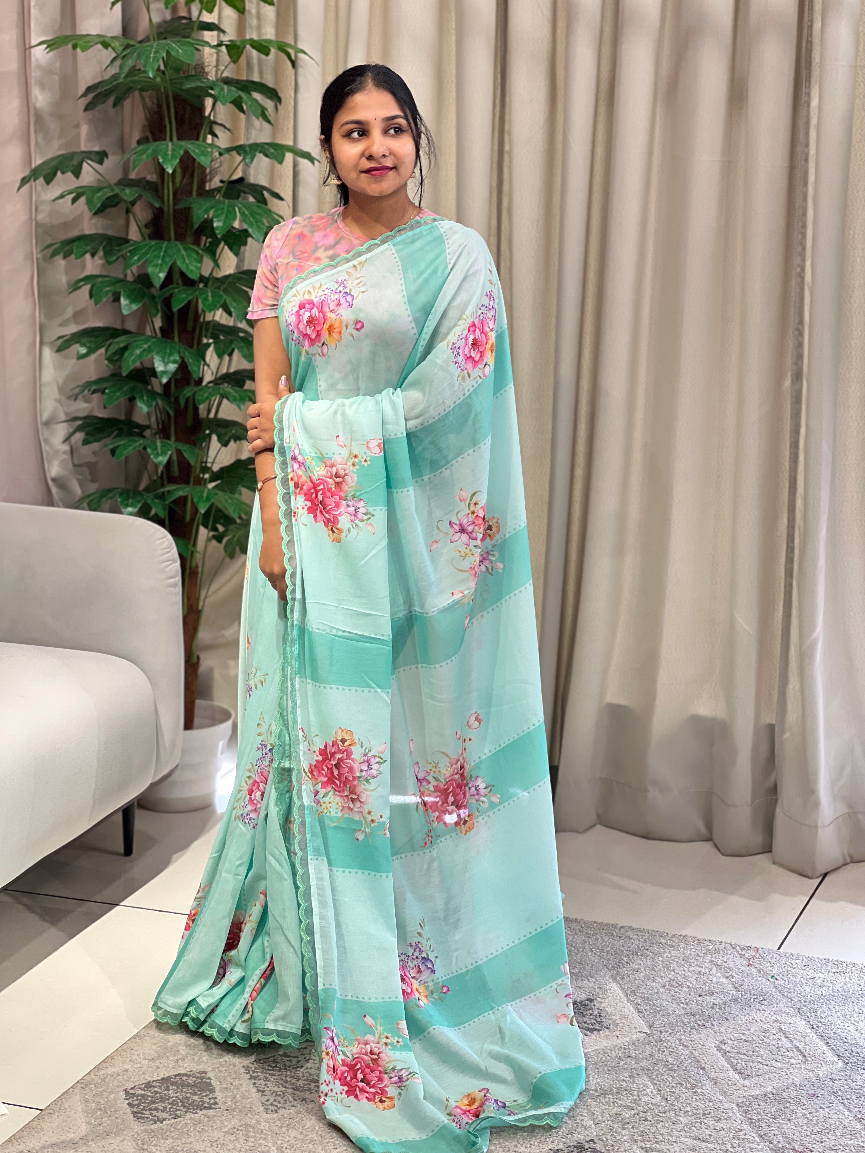 Floral Printed Semi Chanderi Saree | HT289