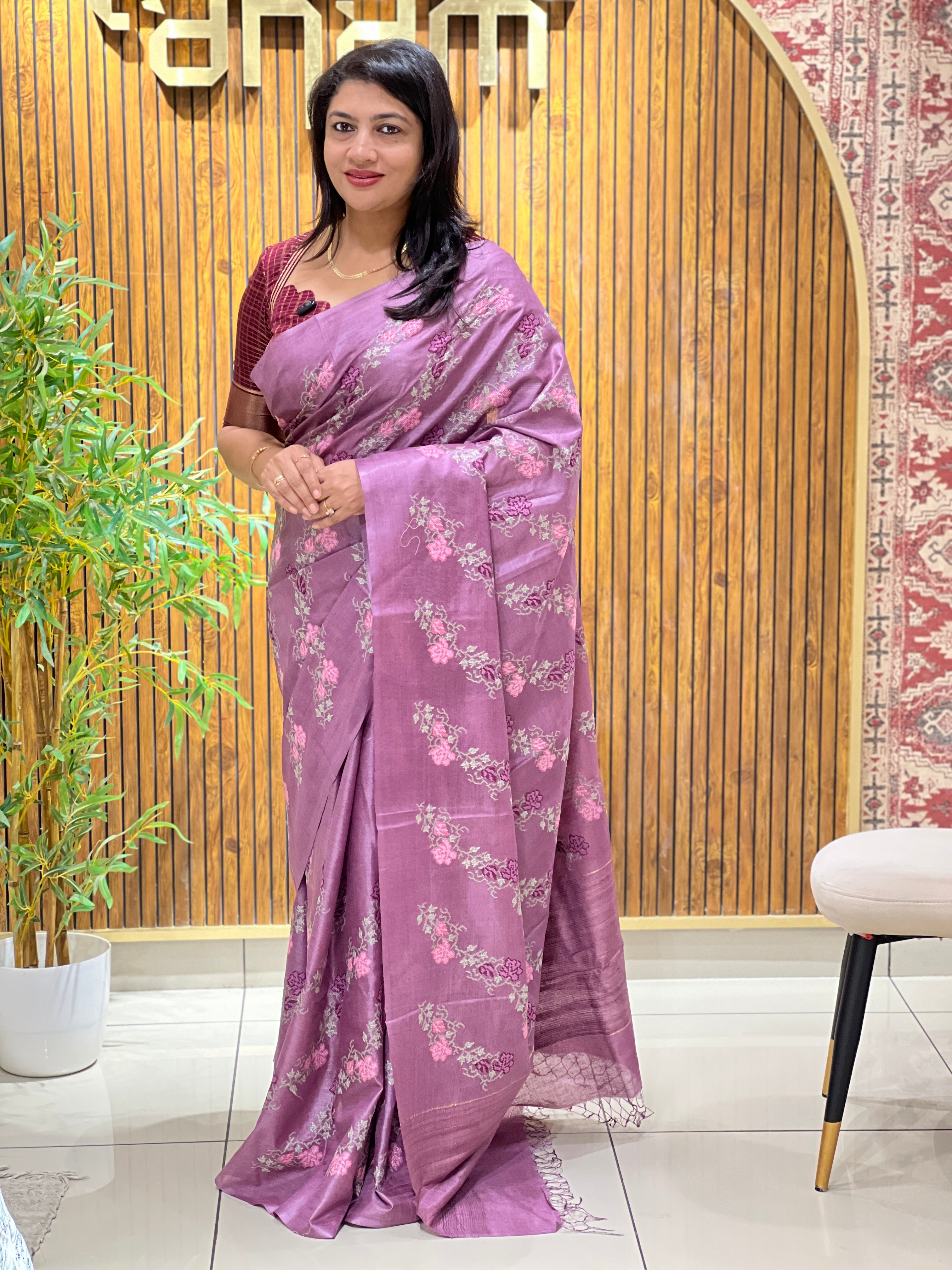 Cross Stitch Embroidery Noil Tussar Saree | HS1403